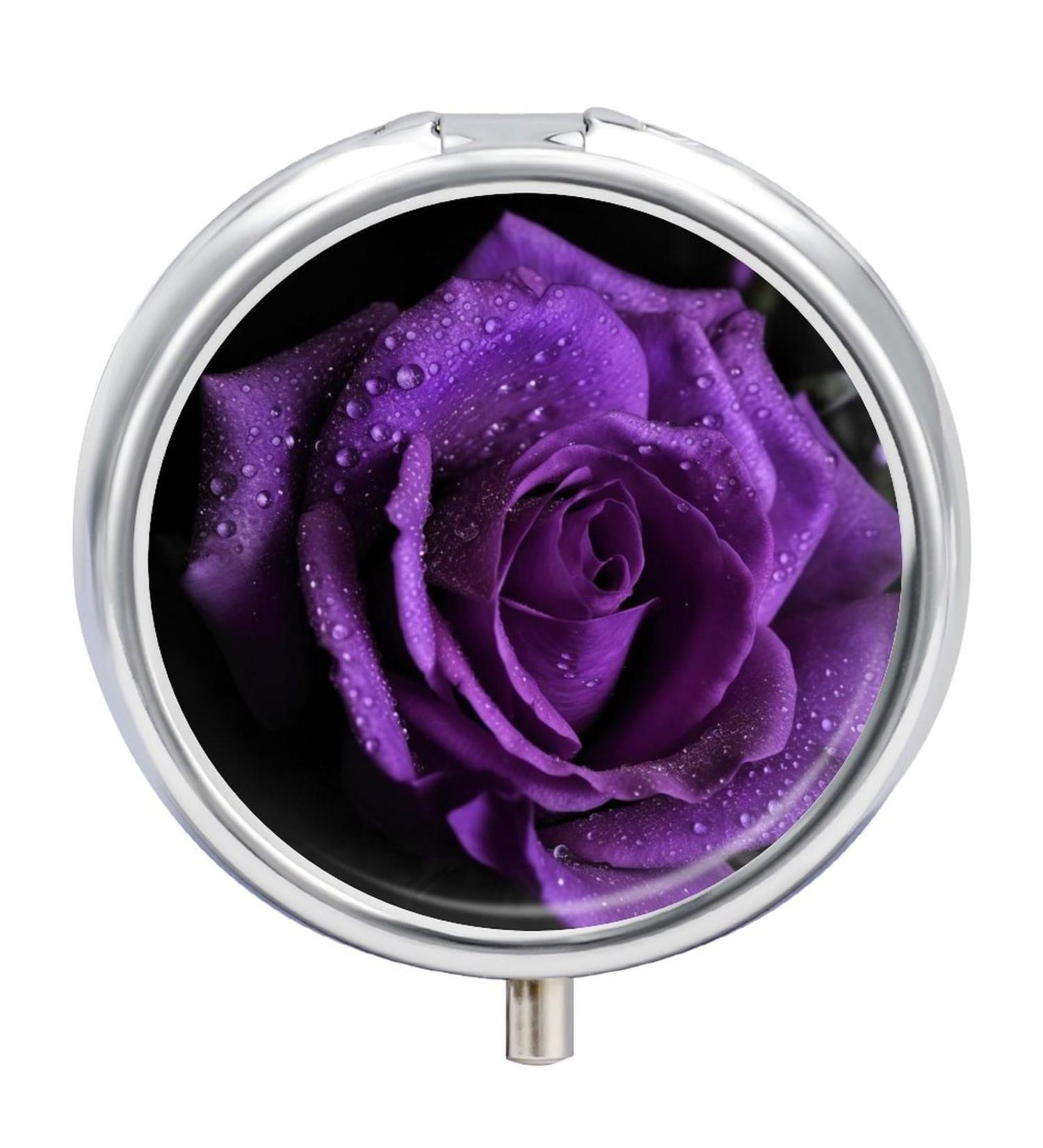 Portable 3 Compartment Travel Pill Box - Purple Rose Printing | Small Pill Organizer for Purse & Pocket | Ideal for Travel - Buy Online on GoSupps.com