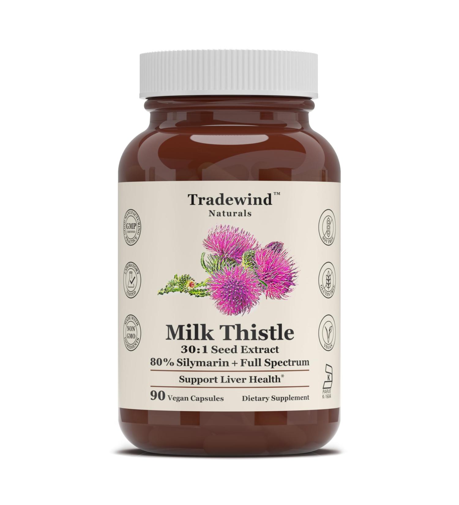 Tradewind Naturals Milk Thistle 30:1 Concentrated Seed Extract (250 mg) Equivalent to 7500 mg Raw Seed 80% Silymarin + Full Spectrum Liver Support Pure, Vegan, Non-GMO 90 Vegan Capsules - Buy Online on GoSupps.com