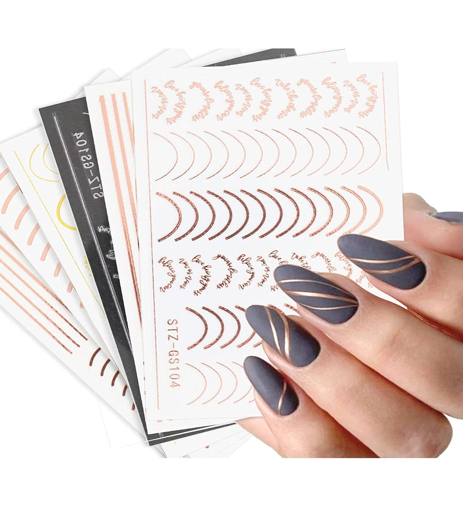 French Metallic Line Nail Art Stickers Decals 8 Sheet Self-Adhesive Rose Gold Metal Curve Stripe Design Manicure Tips Nail Decoration for Women Girls - Buy Online on GoSupps.com