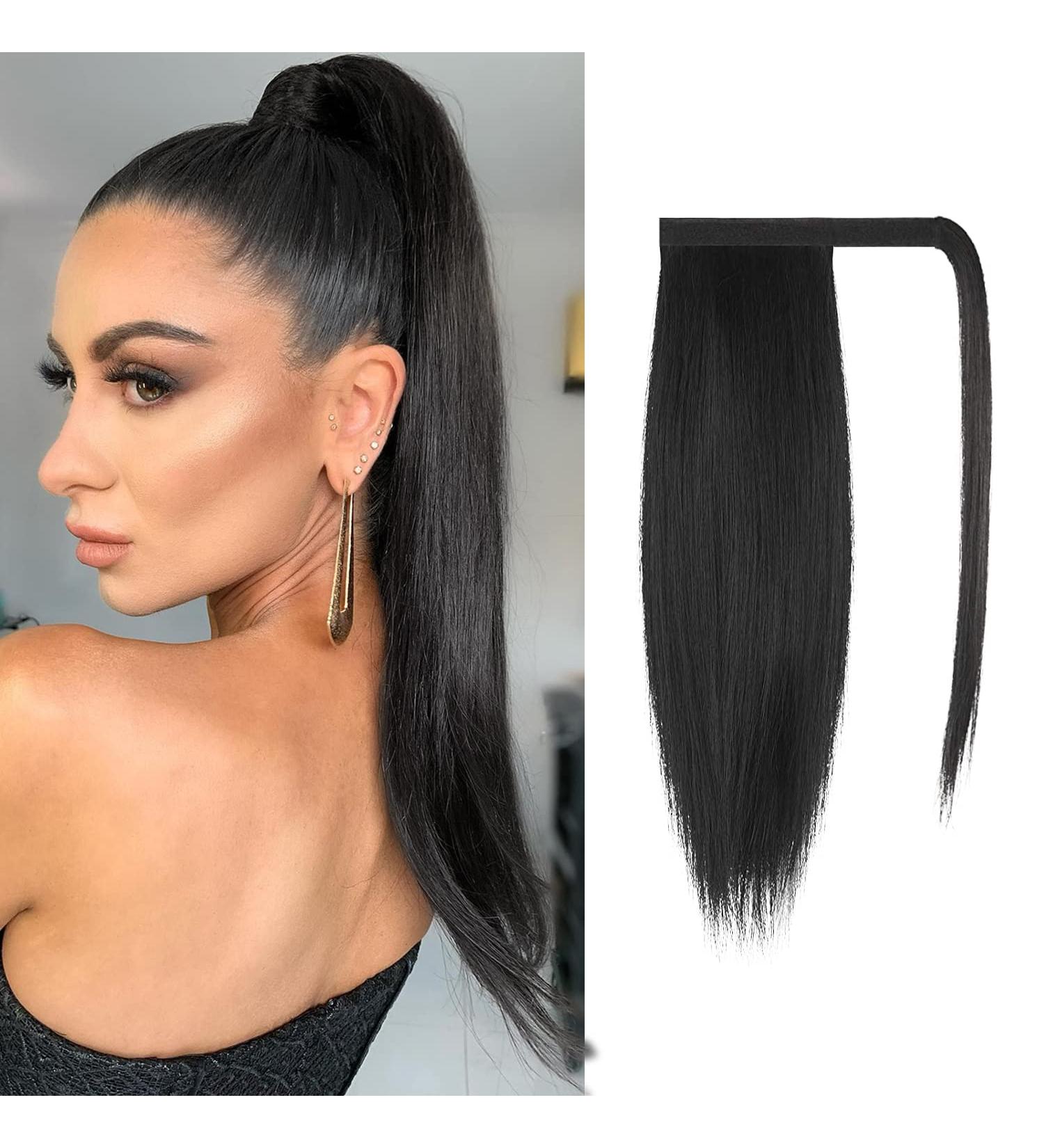 FESHFEN Natural Black Straight Ponytail Extension - 16 Inch Synthetic Hair Wrap Around Clip in Hairpiece for Women and Girls - Buy Online on GoSupps.com