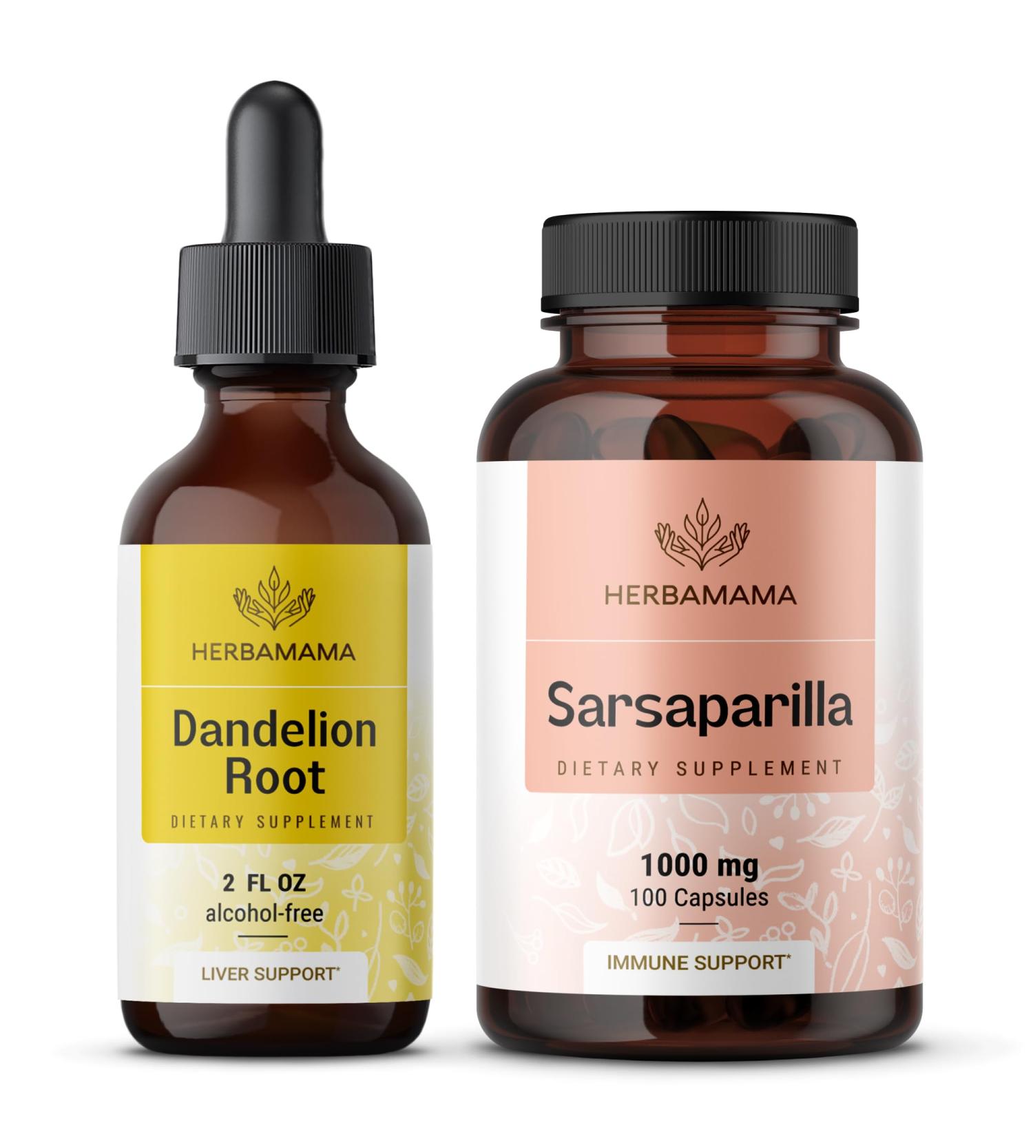 HERBAMAMA Dandelion and Sarsaparilla Kit - Bundle of Dandelion Root Extract 2 Fl Oz & Sarsaparilla Root Capsules - Vegan Non GMO Sugar & Gelatin-Free - 2 Pack - Buy Online on GoSupps.com