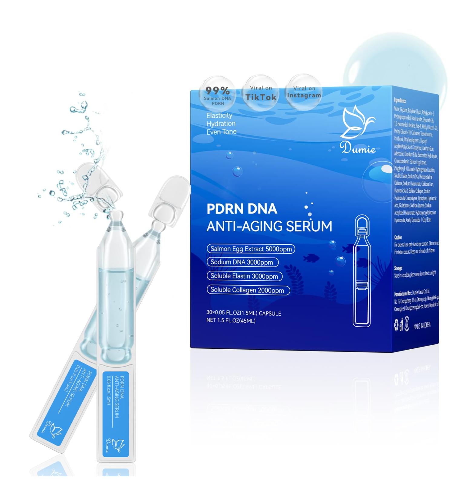 Salmon DNA PDRN Anti-Aging Serum 5000ppm Salmon Egg DNA Ampoule 2000ppm Collagen Glutathione Niacinamide & 6 Hyaluronic Acids Korean Skincare for Wrinkles & Radiance,0.05 fl.oz x 30e - Buy Online on GoSupps.com