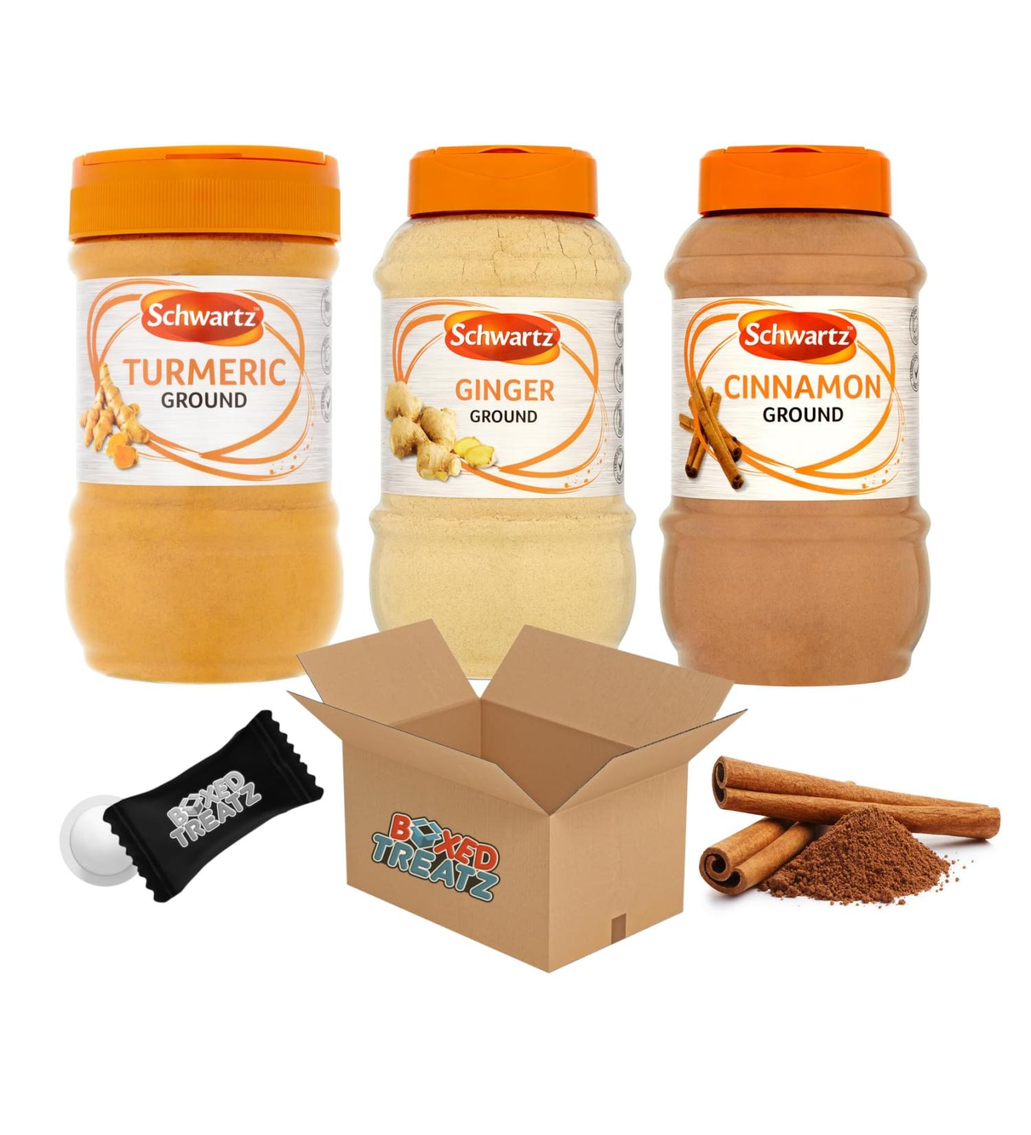 Baking Essentials Bundle: Schwartz Ground Cinnamon (390g) Ginger (310g) Turmeric (380g) - Total 1080g - 3-Pack by Boxed Treatz - Buy Online on GoSupps.com