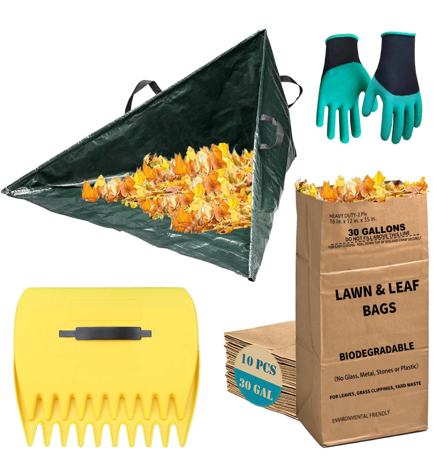 LeafSky Leaf Collector Tripod Bag Kit | 10 Count 30 Gallon Heavy Duty Paper Bags | Lawn Leaf Bag with Scoops Gloves | Self Standing Yard Waste Bag for Grass Clippings - Buy Online on GoSupps.com