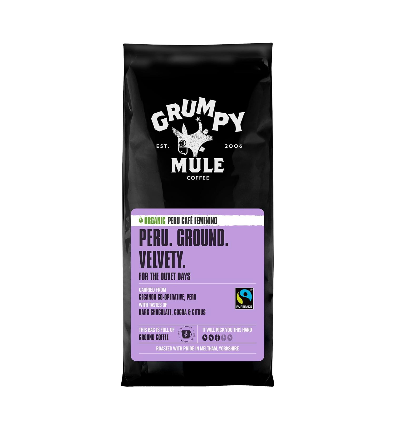 Grumpy Mule Organic Peru Caf Femenino Ground Coffee - Dark Chocolate, Cocoa & Citrus Flavors - 227g (Pack of 1) - Buy Online on GoSupps.com