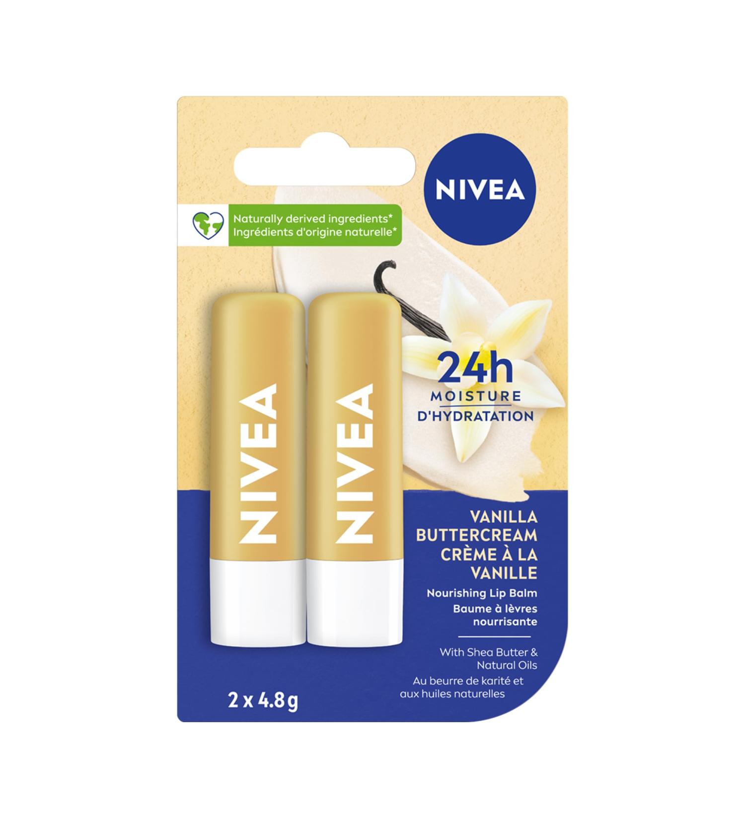 NIVEA Vanilla Buttercream Lip Balm | Made with Jojoba Oil & Shea Butter | Keeps lips moisturized for 24H | 2 x 4.8g tubes - Buy Online on GoSupps.com