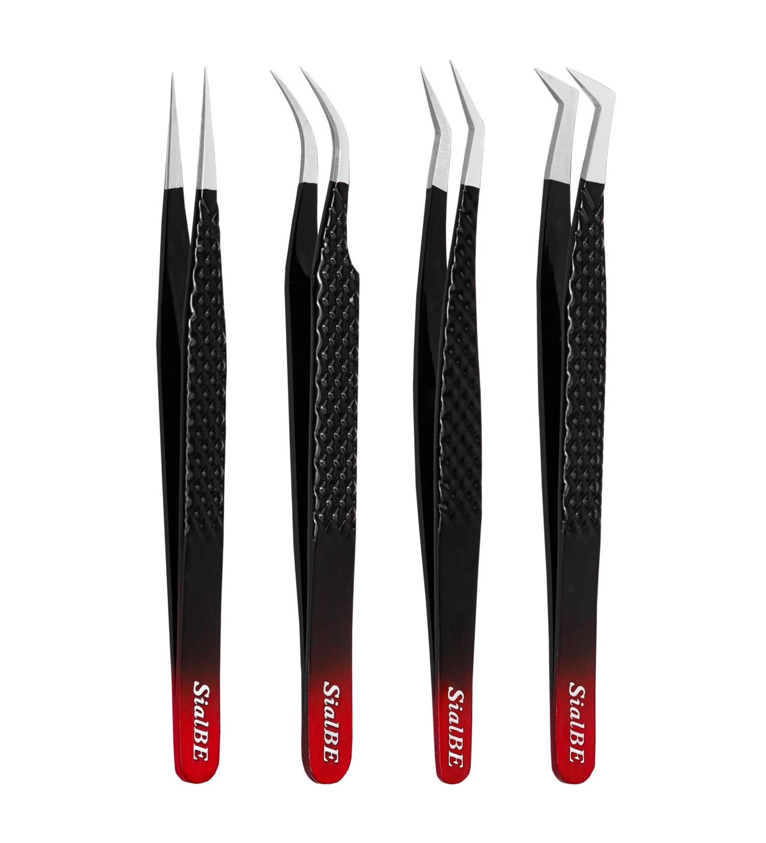 4 Pcs Black Diamond Grip Eyelash Extension Tweezers Set - SialBE Straight and Curved Lash Tweezers with Silver Tip - Buy Online on GoSupps.com
