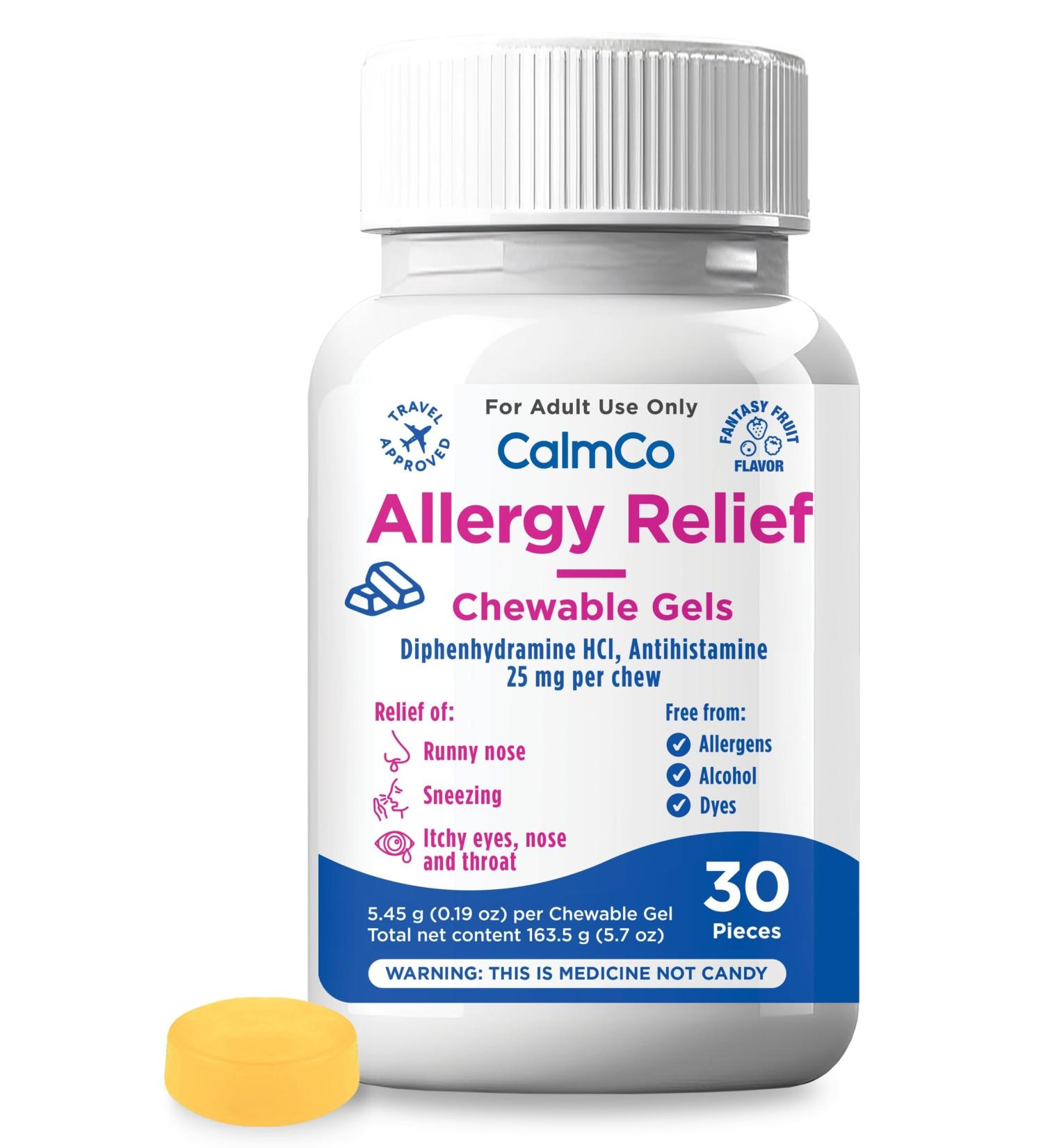 CalmCo Adult Allergy Relief with Diphenhydramine HCl 25 mg - Chewable Antihistamine for Sneezing Runny Nose & Itchy Eyes Nighttime Allergy Medicine for Ages 12+ Fantasy Fruit Flavor 30 Count - Buy Online on GoSupps.com
