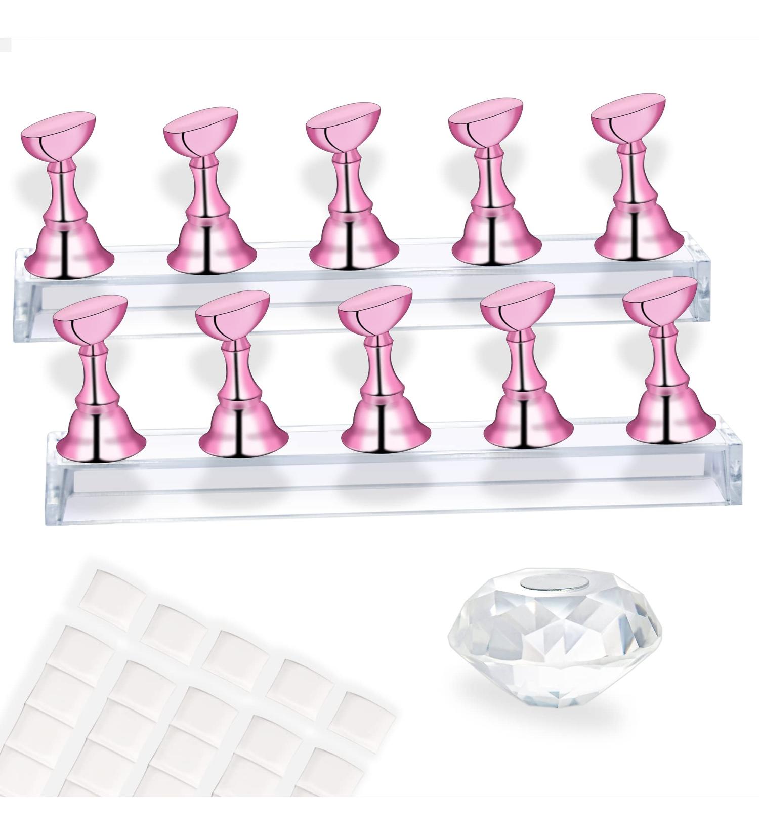 MISSELF Nail Stand Set - 2 Metal Pink Stands with Magnetic Crystal Base, Perfect for Press Ons & Nail Art Practice - Buy Online on GoSupps.com