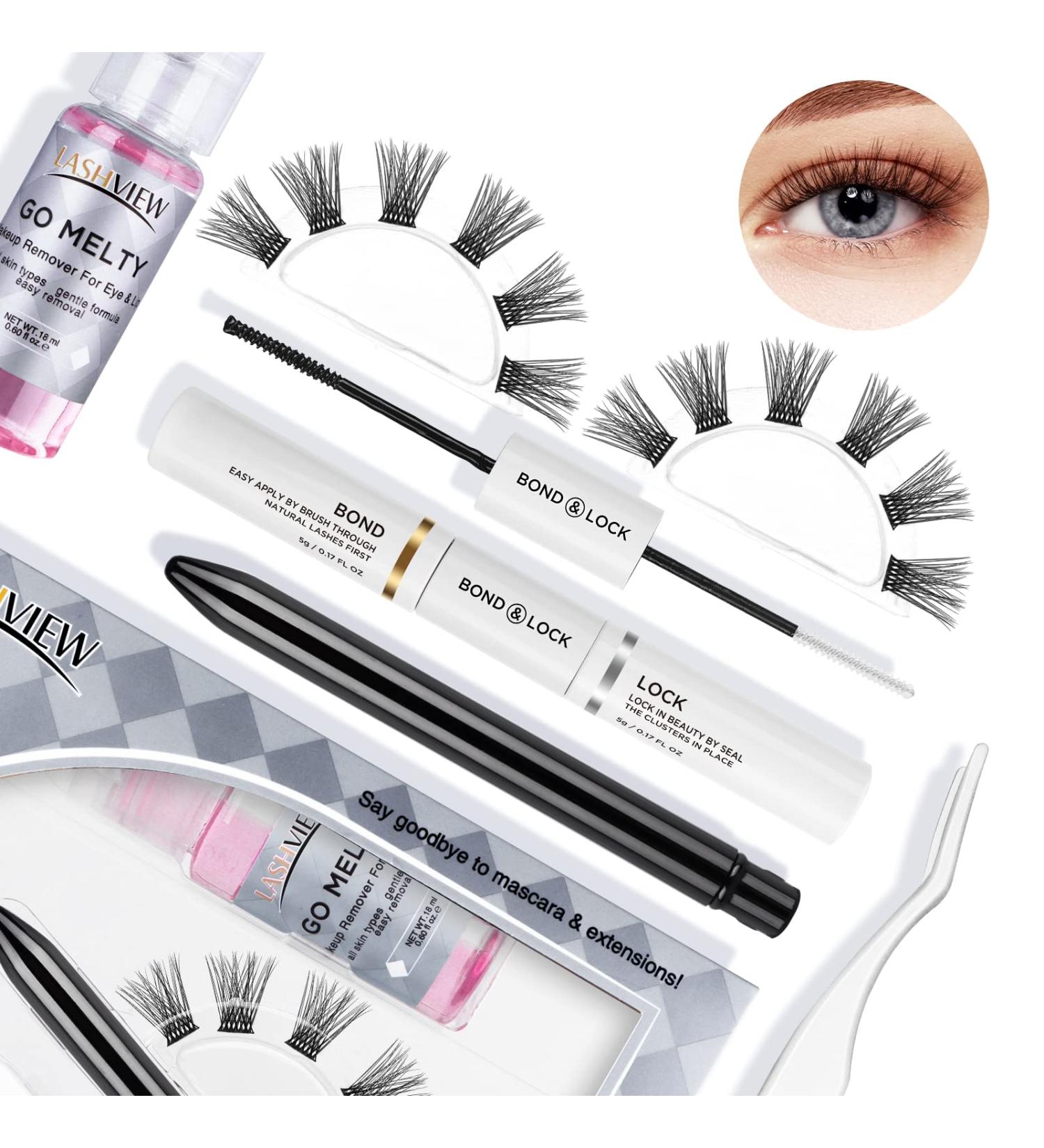 LASHVIEW DIY Eyelash Extension Kit - 12 Clusters Volume Lashes Set with Applicator, Bond & Seal, Remover - Eye Lifting, 3D Effect, C Curl - 10mm Criss Cross Pack - Buy Online on GoSupps.com