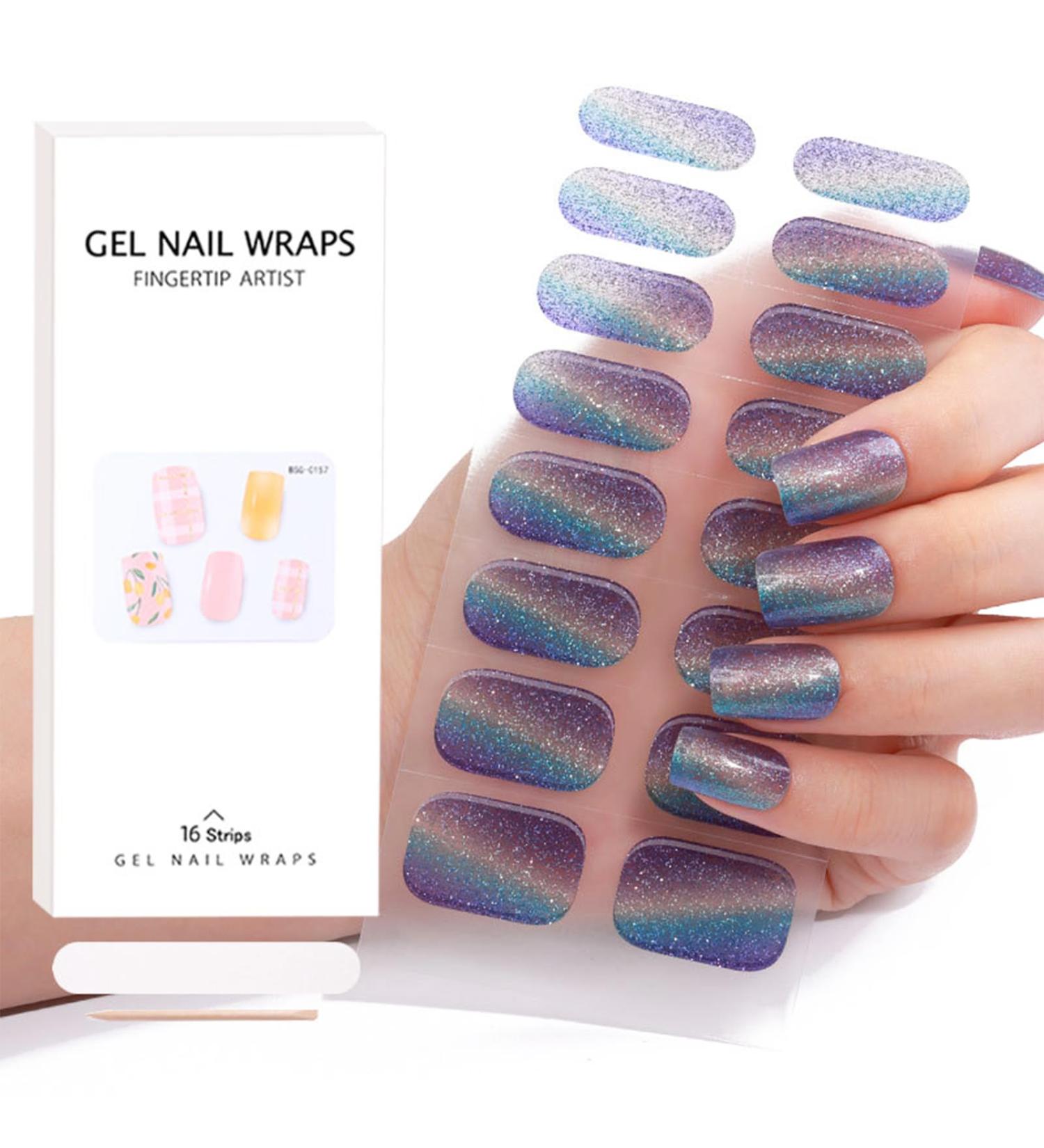 Semi Cured Gel Nail Strips - Mermaid Blue Glitter Color - 16 Clear Self-Adhesive Stickers for Manicure - Buy Online on GoSupps.com