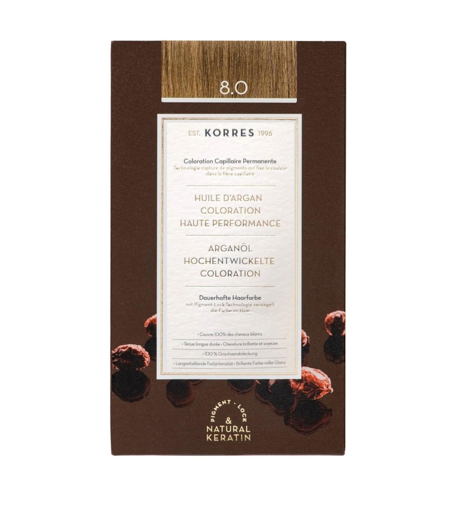 KORRES Argan Oil Ammonia-Free Hair Color - Light Blonde 8.0 | 100% Gray Coverage | Vegan & Long-Lasting Results - Buy Online on GoSupps.com