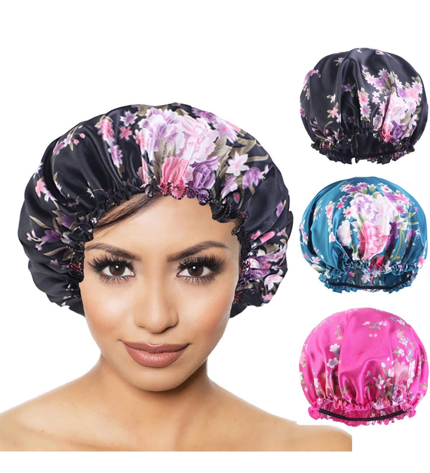 YeeMan 3PCS Flowers Satin Hair Bonnet Set for Curly Hair - Black, Peacock Blue, Fuchsia - Buy Online on GoSupps.com