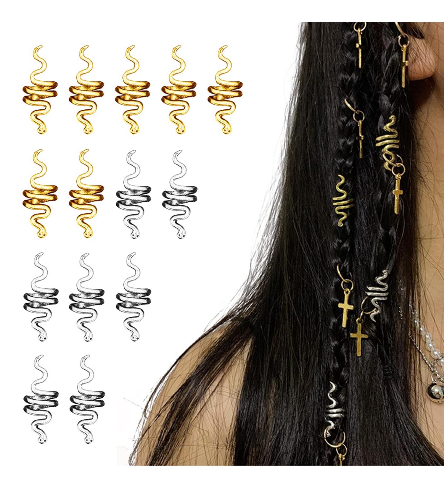14 Pcs Snake Braids Coil Loc Hair Jewelry Set - Spiral Dreadlock Rings - Viking Metal Hair Clips for Braids Decoration - Silver and Golden Accessories for Women and Men - Buy Online on GoSupps.com