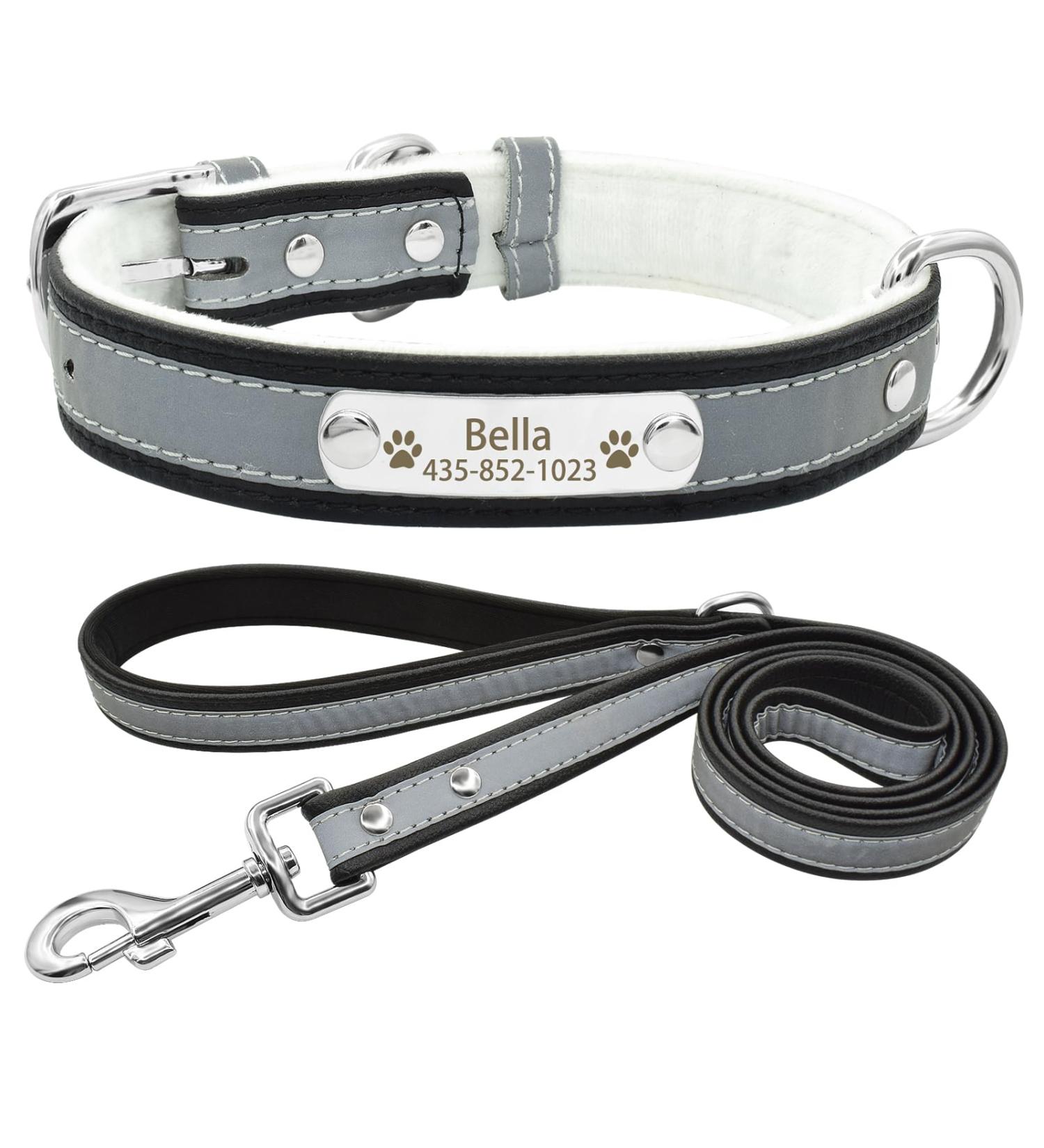 Senristar Personalized Reflective Dog Collar & Leash Set | Custom Engraved Warm Food Tape for Dogs & Cats | Black Size L (2.5cm Width 34-45cm Neck) - Buy Online on GoSupps.com