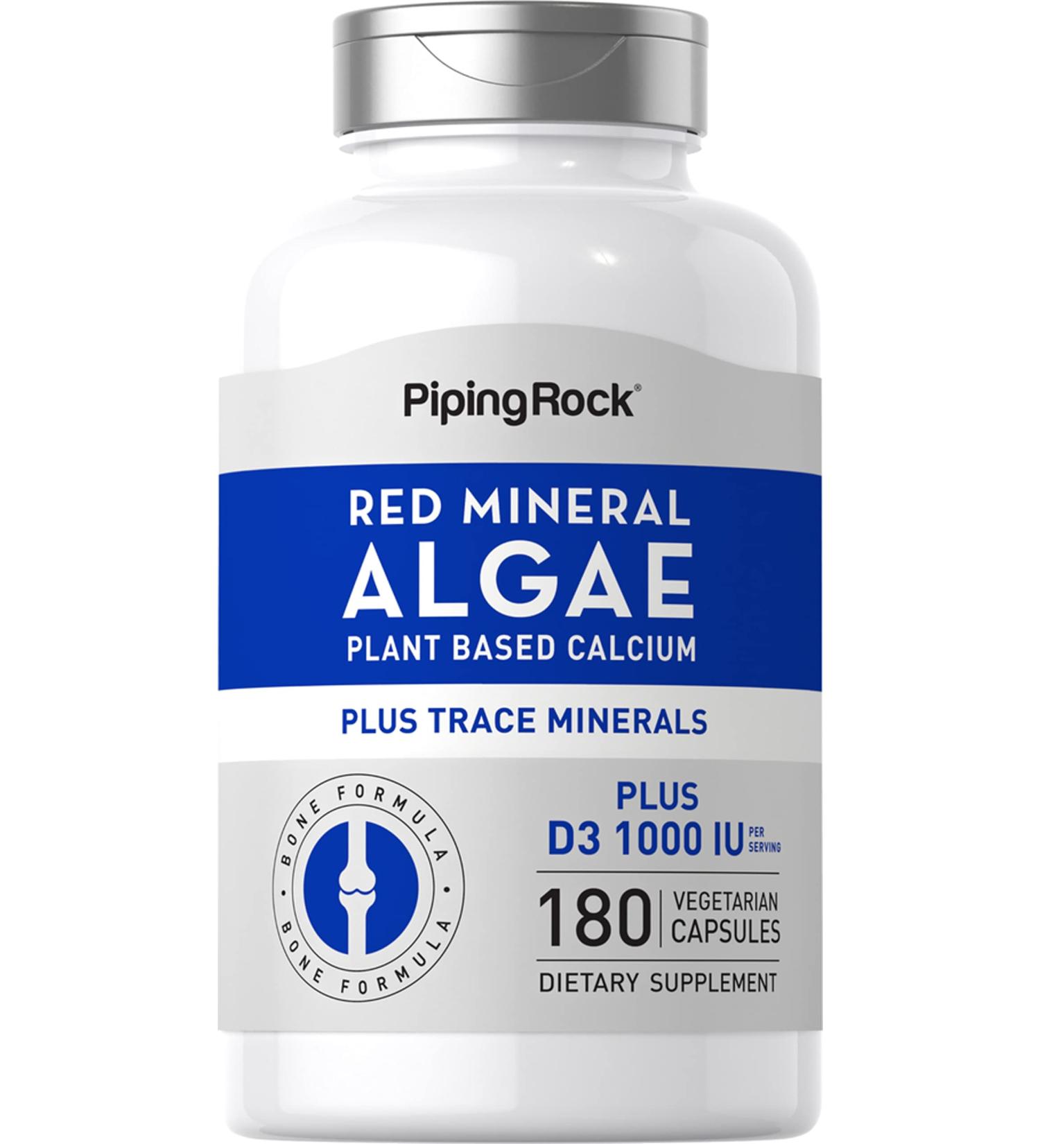 Plant-Based Red Mineral Algae Calcium 180 Veg Capsules with D3 1000 IU & Trace Minerals | Non-GMO Gluten-Free Supplement - Piping Rock - Buy Online on GoSupps.com
