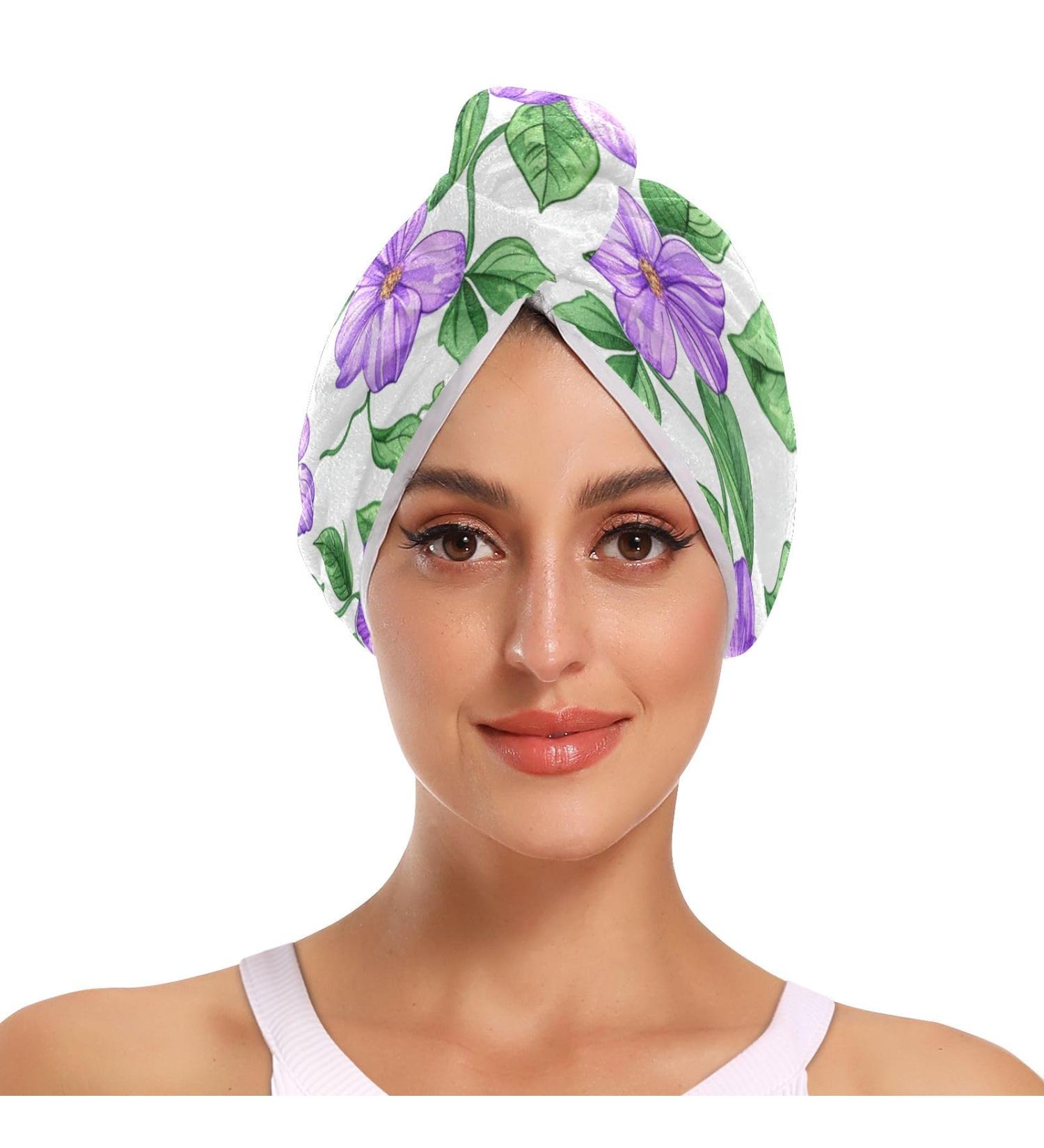 Purple Flowers & Green Leaves Hair Towel 2 Pack | Super Absorbent Quick Dry Turbans for Women & Girls - Buy Online on GoSupps.com