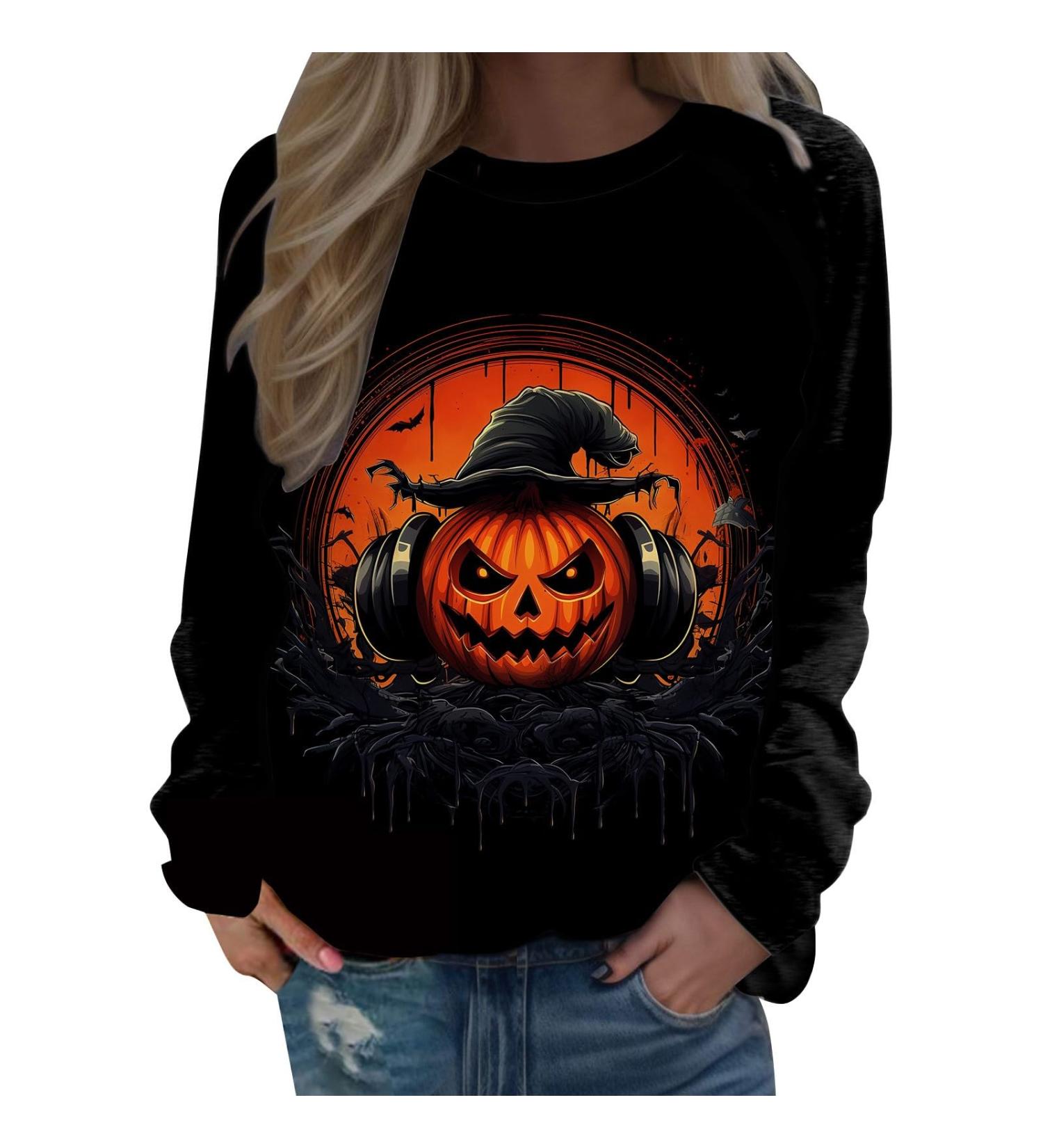 Halloween Costumes Printed Fashionable Casual Long Sleeved Zipper Round Neck Hoodies Sweater Loose Fit Womens Black Large - Buy Online on GoSupps.com