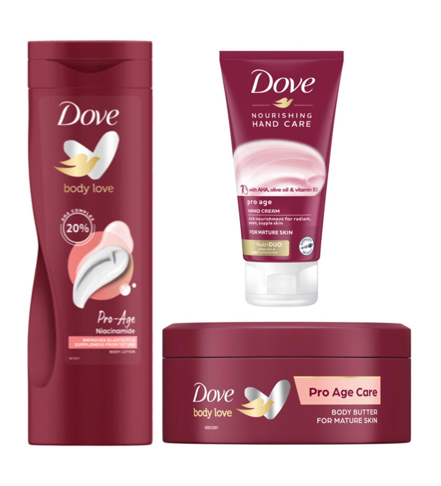 Dove Body Love Pro Age Body Lotion 400 ml + Dove Pro Age Nourishing Body Care moisturiser 250 ml & Dove Nourishing Hand Care Pro Age Hand Cream 75ml - Buy Online on GoSupps.com