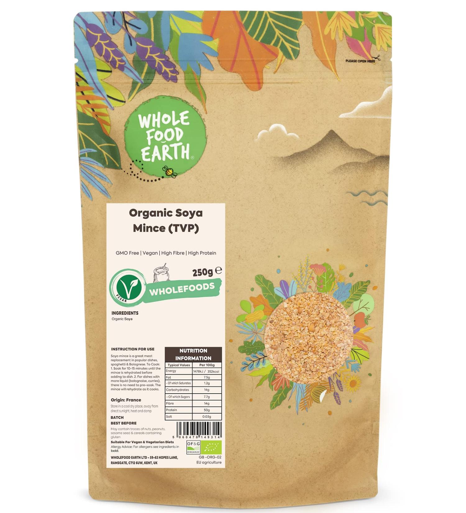 Wholefood Earth Organic Soya Mince (TVP) 250g - GMO Free, Vegan, High Fibre, High Protein - Buy Online on GoSupps.com