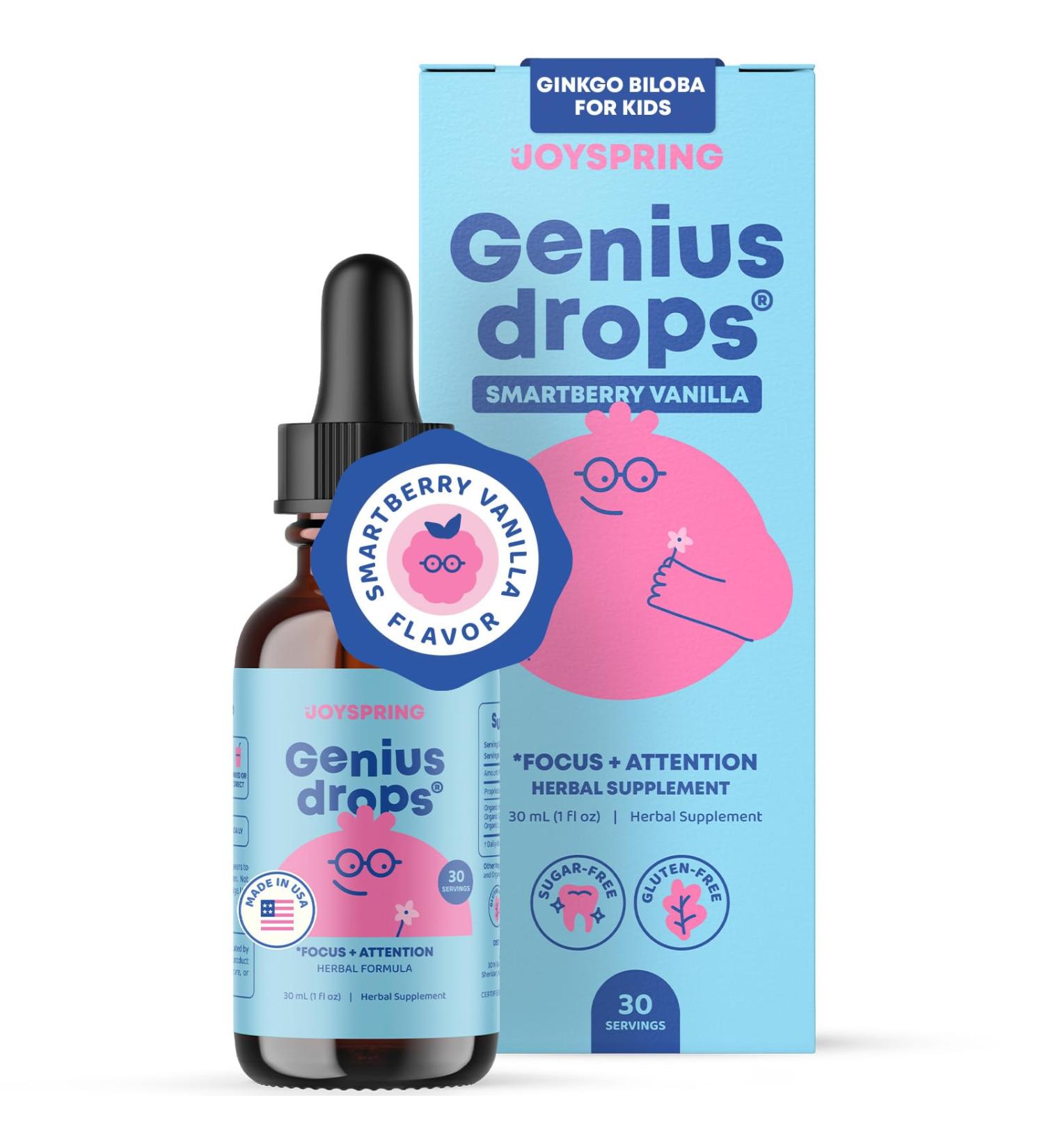 JoySpring Genius Drops Smartberry Vanilla | Herbal Focus Support for Kids with Ginkgo Biloba Licorice Root Gotu Kola Extract Peppermint Leaf | Liquid Formula|1fl oz (30 Servings) - Buy Online on GoSupps.com