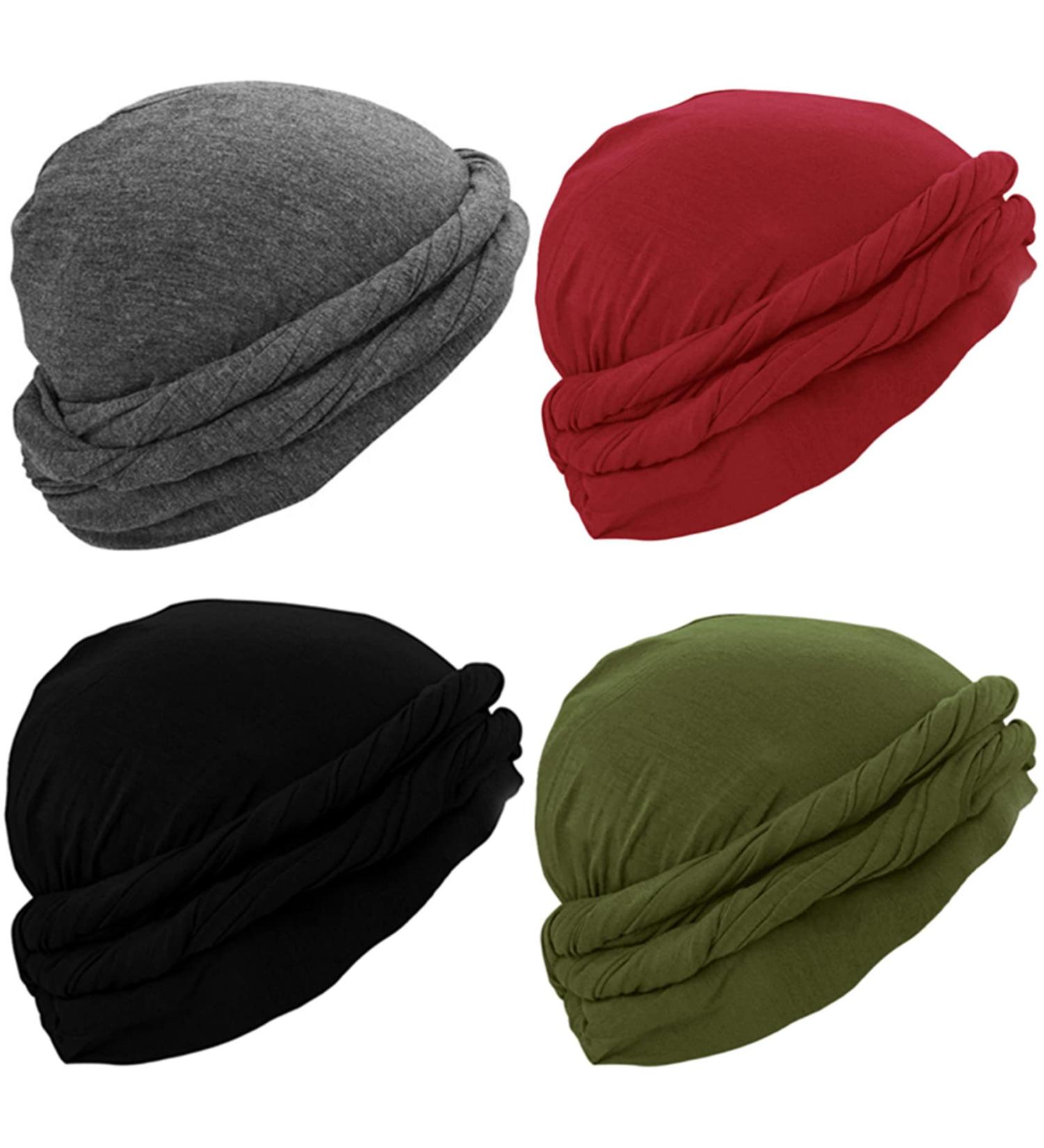 JALANCY 4 PCS Men's Turban Set - Vintage Twist Head Wraps in Modal and Satin Lined Scarf - Black, Wine Red, Army Green, Dark Gray - Medium - Buy Online on GoSupps.com