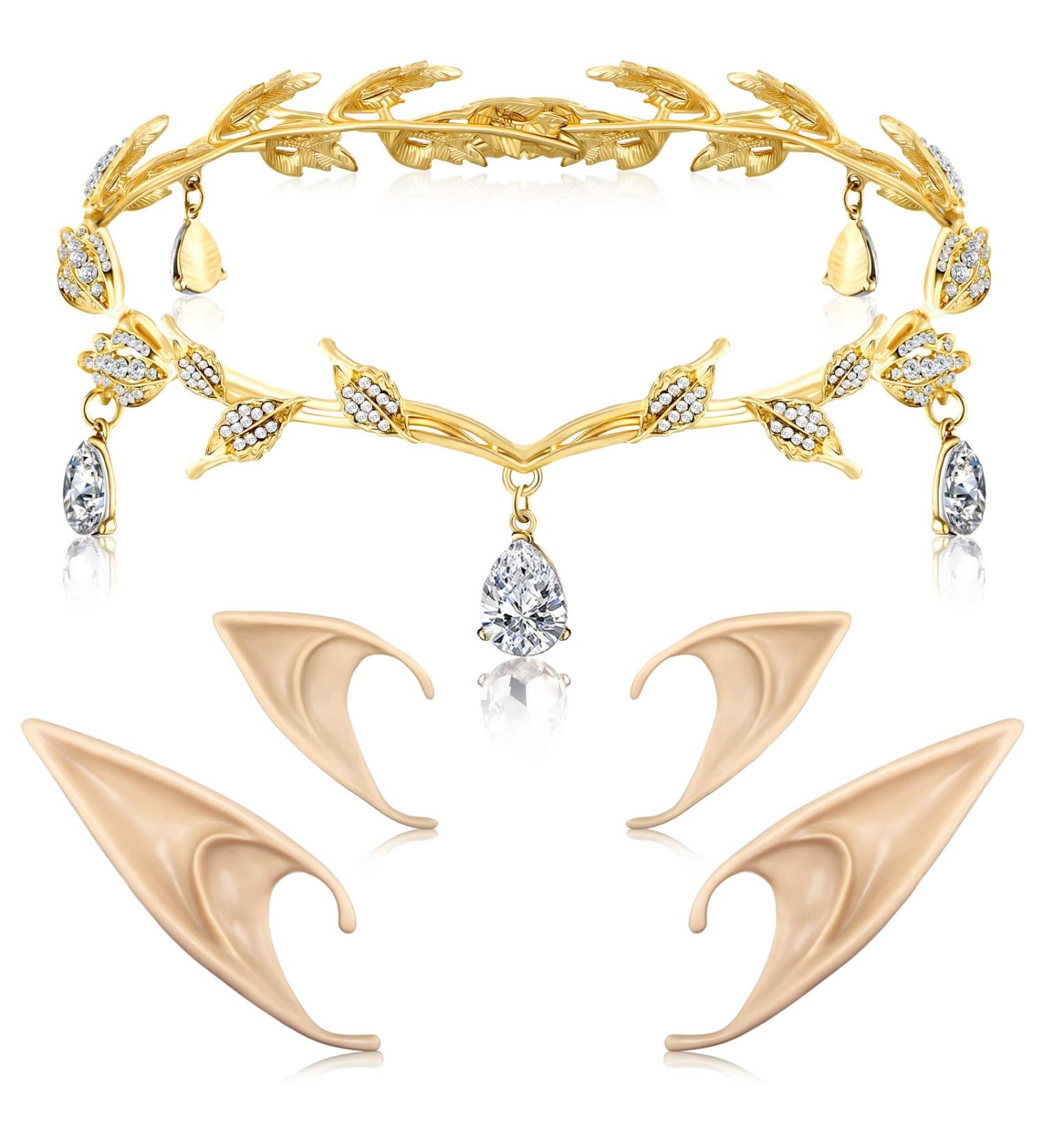 Hicarer Rhinestone Leaf Wedding Tiara Crown Headband for Brides - Gold Fairy Pixie Elf Ears - Ideal for Pageants, Prom & Cosplay - Buy Online on GoSupps.com