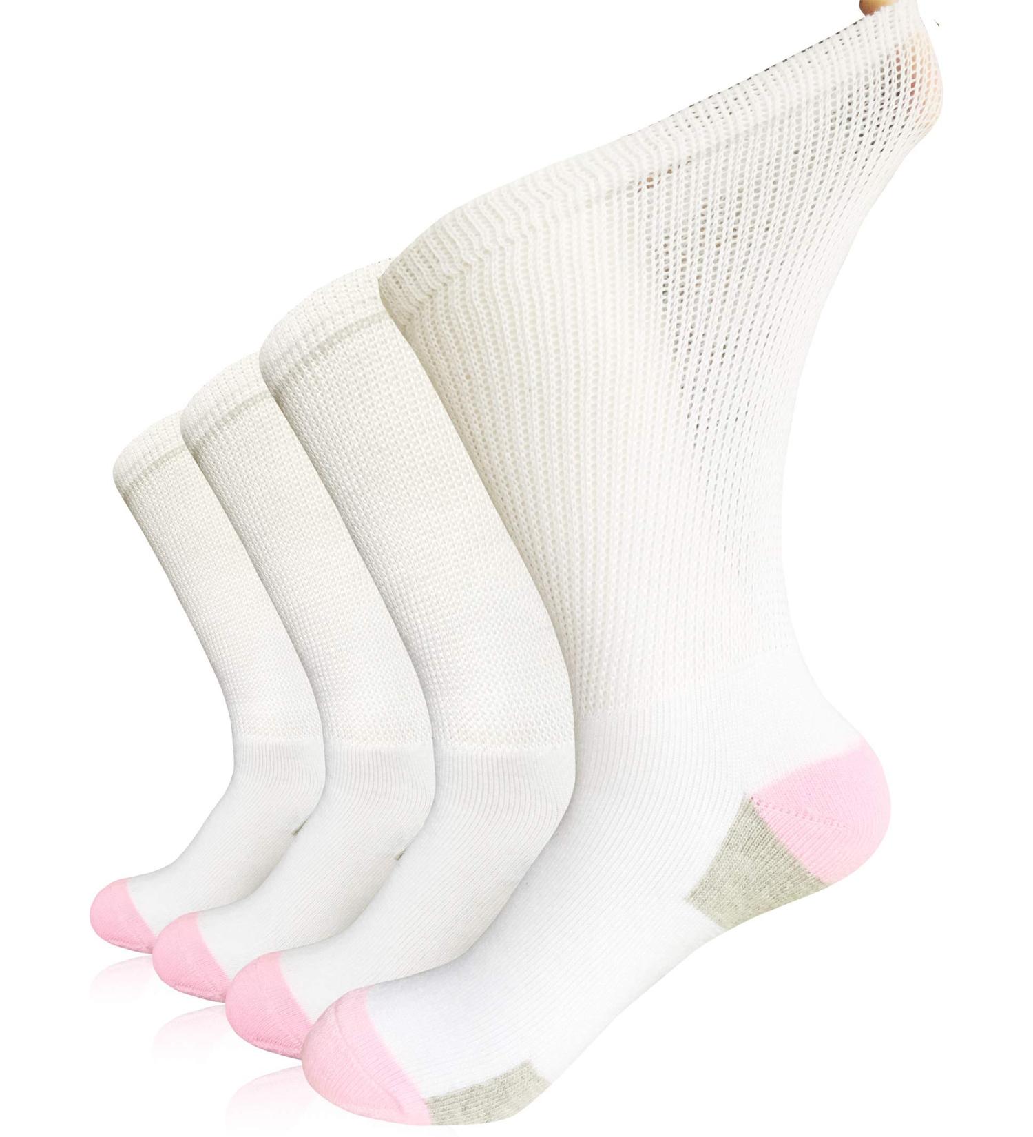 Women's Non-Binding Diabetic Socks - Wide Top, Loose Fitting, 4 Pairs White/Pink - Ideal for Diabetes, Edema, Medical, Hospital, Thick Ankle, Crew, Casual Dress Sox - Buy Online on GoSupps.com
