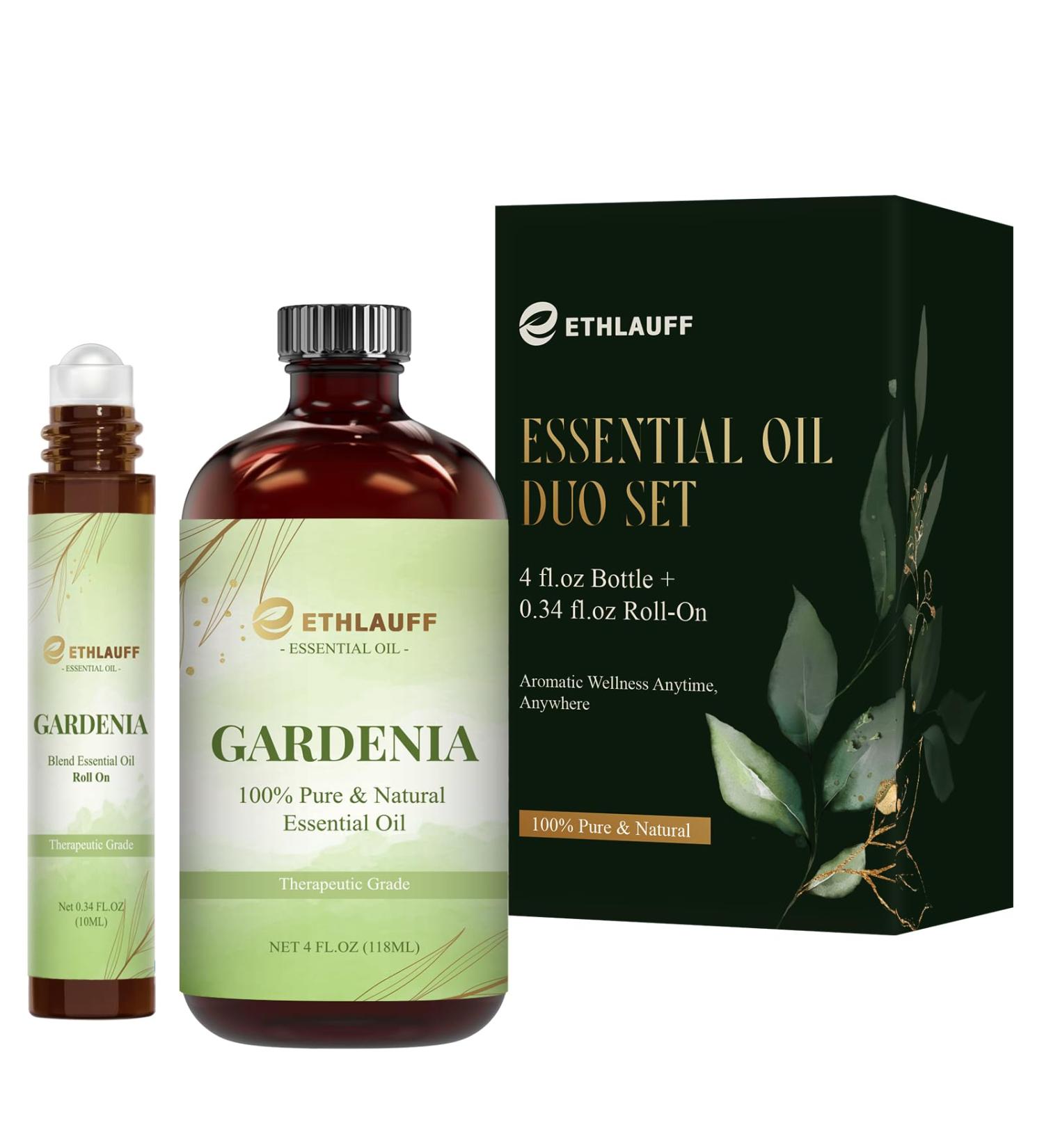 Gardenia Essential Oil (4 fl.oz Bottle + 0.34 fl.oz Roll-On) Gardenia Oils for Aromatherapy Diffusers Humidifiers Home fragrances DIY Skincare Candle Soap Making Relaxation Yoga GARDENIA 3.38 Fl Oz (Pack of 1)