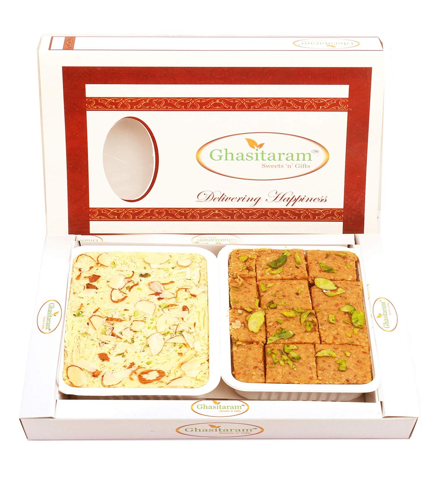 Ghasitaram Gifts Indian Sweets - Diwali Gifts Diwali Sweet - Besan Barfi and Soan Papdi Hamper - Buy Online on GoSupps.com