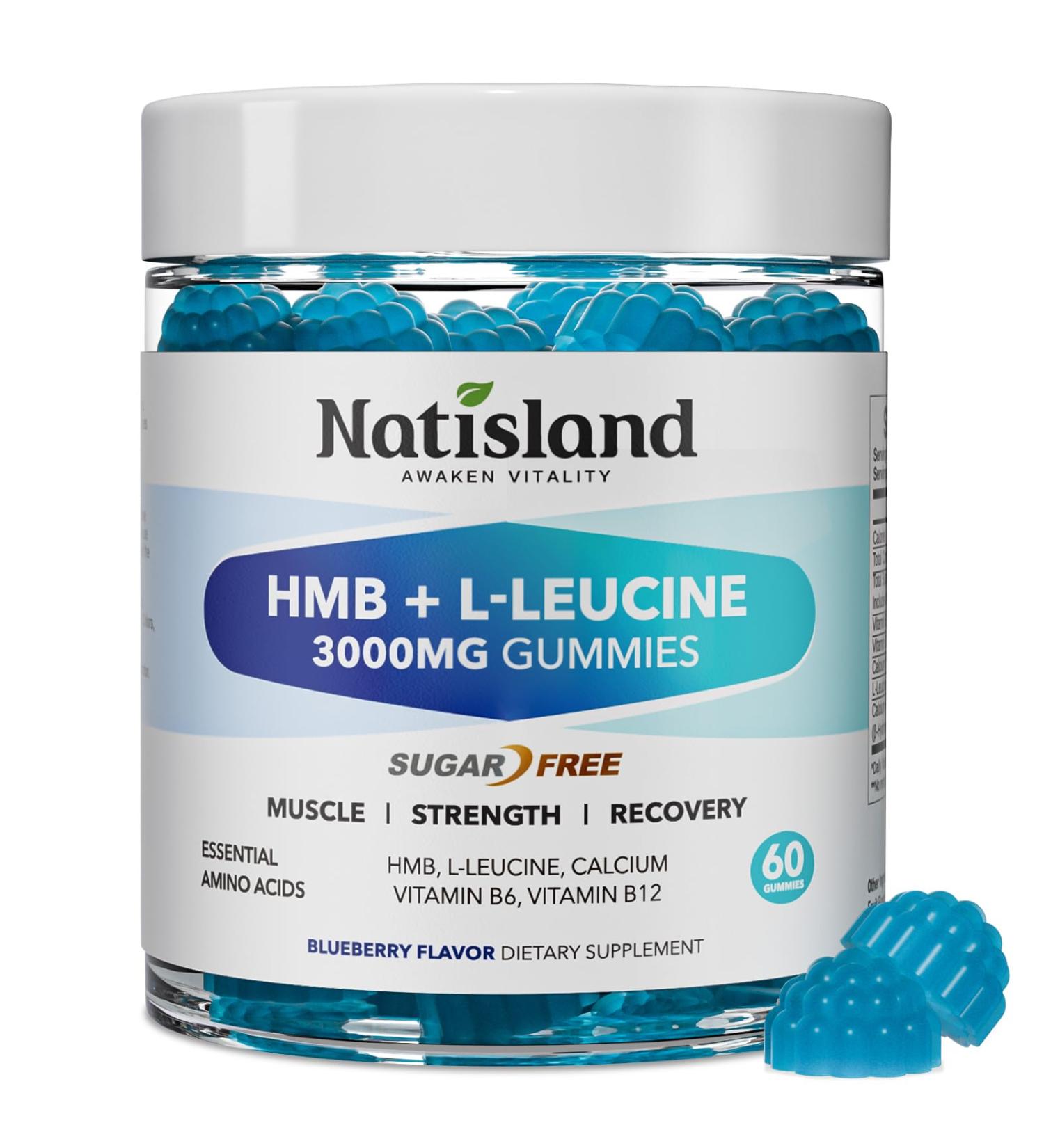 NATISLAND HMB and L-Leucine Gummies HMB and Leucine Amino Acid Supplements for Men & Women Muscle Mass & Strength Muscle Recovery & Health Sugar-Free Vegan Blueberry Flavor 60 Count - Buy Online on GoSupps.com