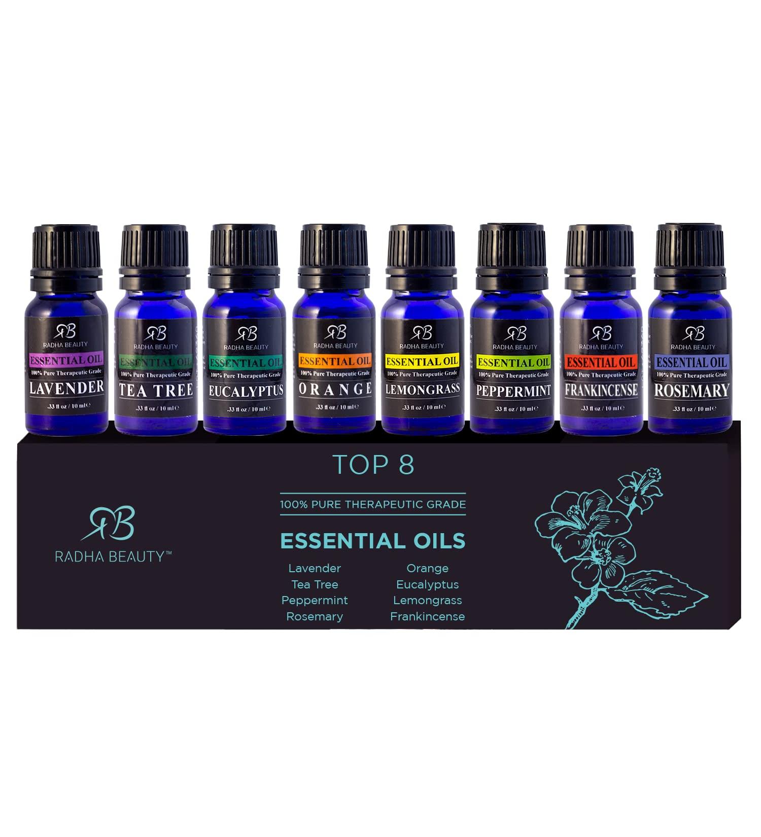 Radha Beauty Top 8 Essential Oils Gift Set - Pure Therapeutic Grade for Diffusers, Massage & Aromatherapy - Skin & Hair Care - Buy Online on GoSupps.com