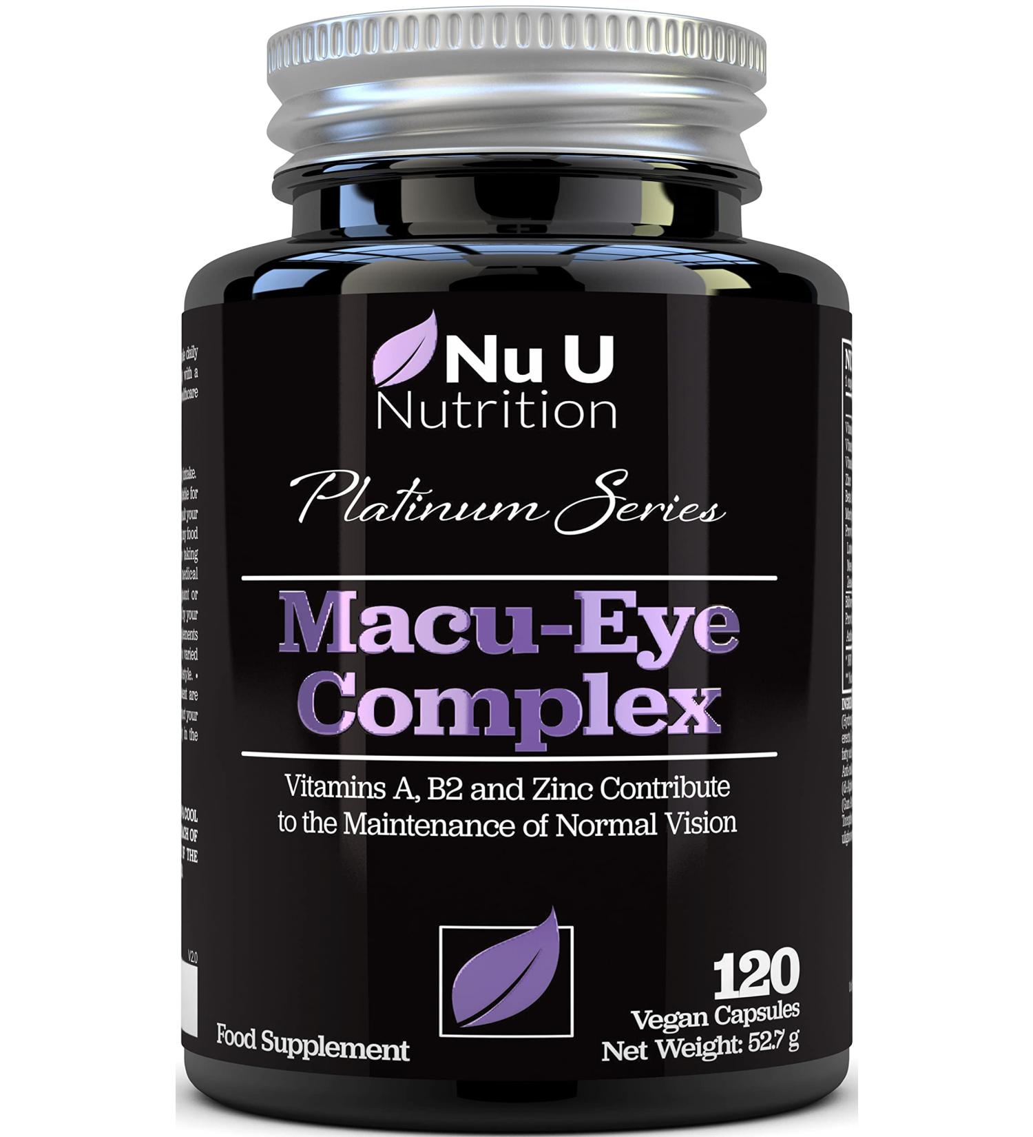 Macu Eye Supplement 120 Vegan Capsules - 4 Month Supply with Lutein, Zeaxanthin, Bilberry & Vitamins A, B2, E - Zinc for Vision - UK Made - Buy Online on GoSupps.com