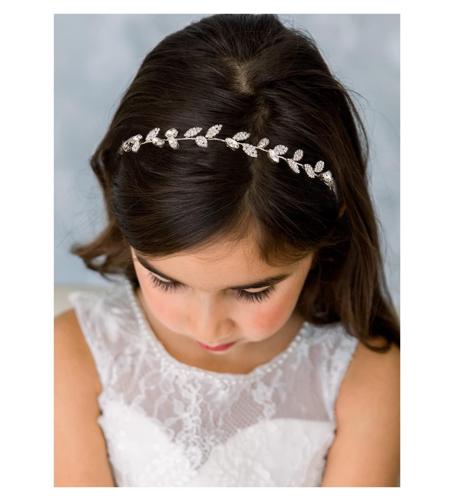 SWEETV Silver Flower Girl Headband | Crystal Leaf Wedding Hair Accessory for Princess Toddler | First Communion Hairband - Buy Online on GoSupps.com