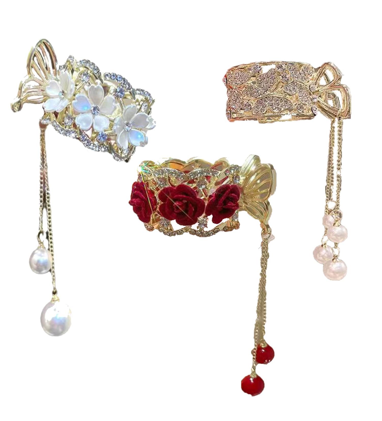 3Pcs Pearl Tassel Hair Clip Set | Flower Rhinestone Gold Hair Accessories for Women | Non-Slip Cute Hair Claw Clip for Thick Hair Styling | Mother's Day Gift - Buy Online on GoSupps.com
