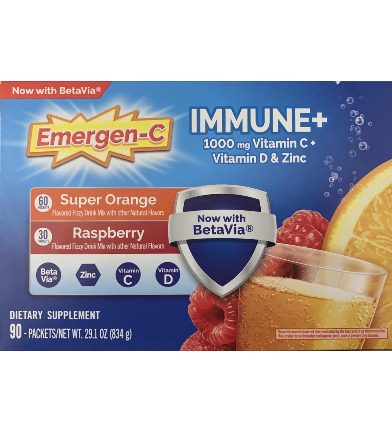Emergen-C Immune+ 1000 mg Vitamin C + Vitamin D & Zinc (Super Orange 60 Ct/Raspberry 30Ct) 90 Packets - Buy Online on GoSupps.com