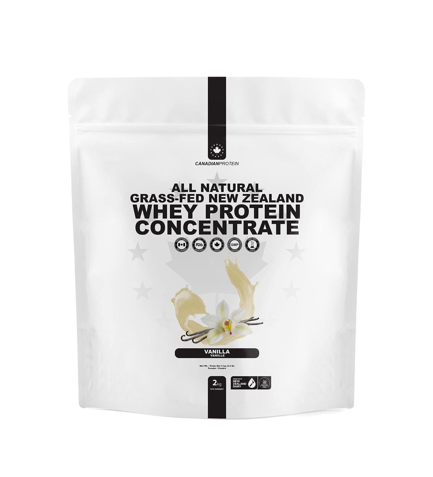 Canadian Protein Grass-Fed New Zealand Whey Concentrate with Stevia 24g of Protein | 2 kg of Natural Vanilla Flavoured Low Carb Keto Friendly Workout Recovery Drink | Undenatured Whey Protein Shake - Buy Online on GoSupps.com