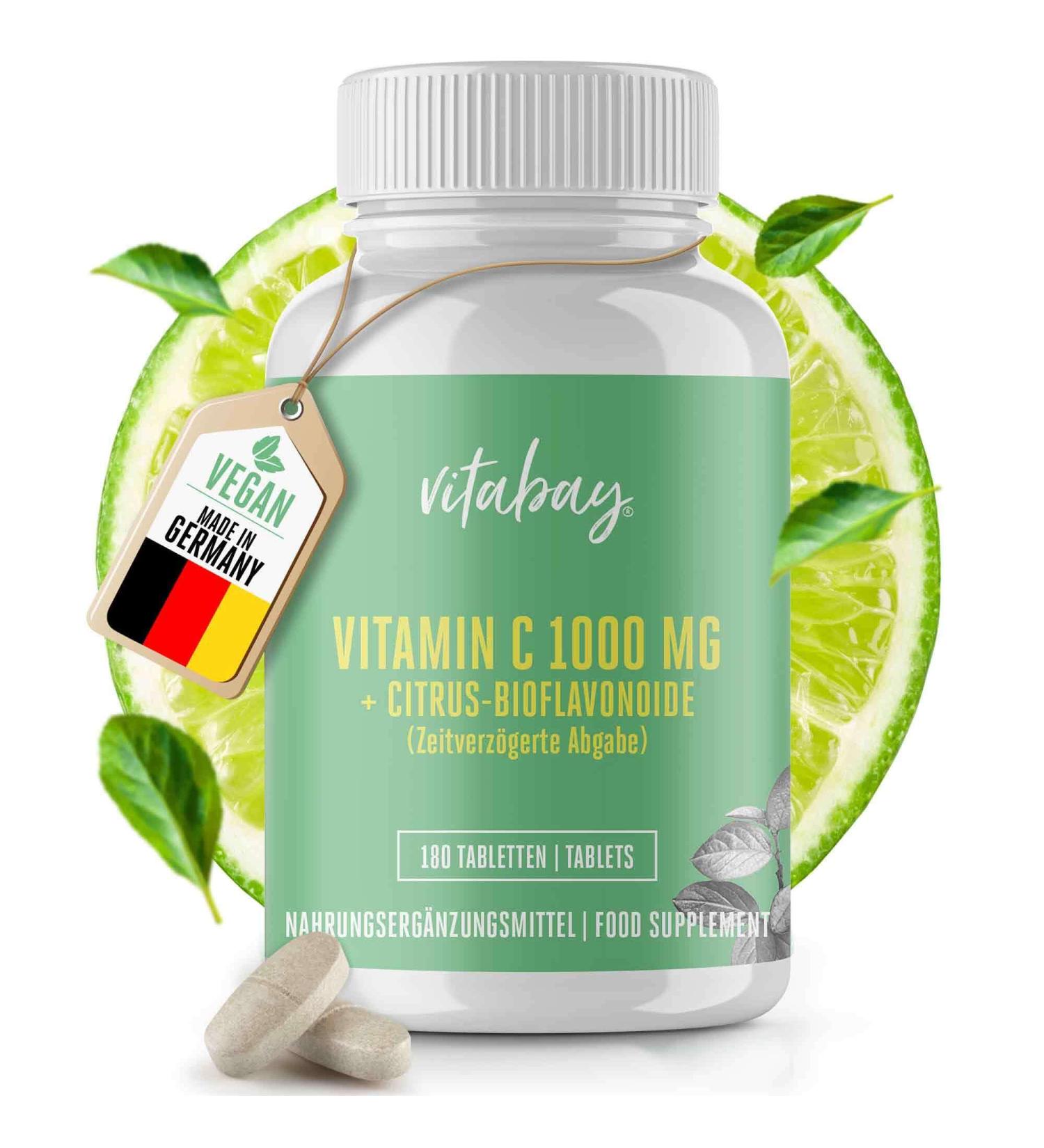 Vitabay Vitamin C Bioflavonoids 1000mg - 180 vegan tablets - Time Released - Ascorbic acid Vitamin C extended-release - Acts all day long - high dosage - Buy Online on GoSupps.com