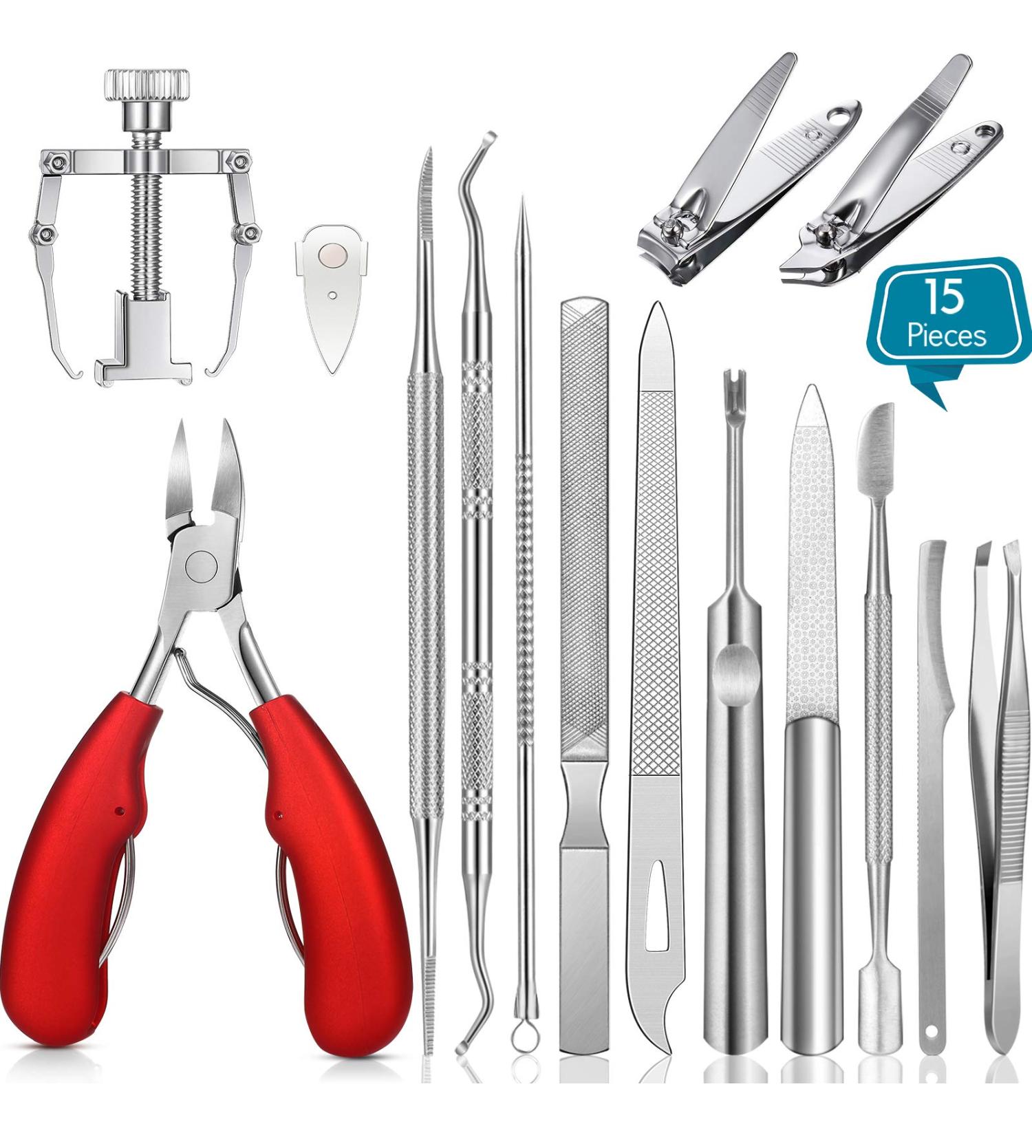 15 Pieces Stainless Steel Ingrown Toenail Tools Set - Nail Clipper, Cuticle Cutters, File, Lifter, Pusher - Manicure Pedicure Kit for Thick Nails - Red - Buy Online on GoSupps.com