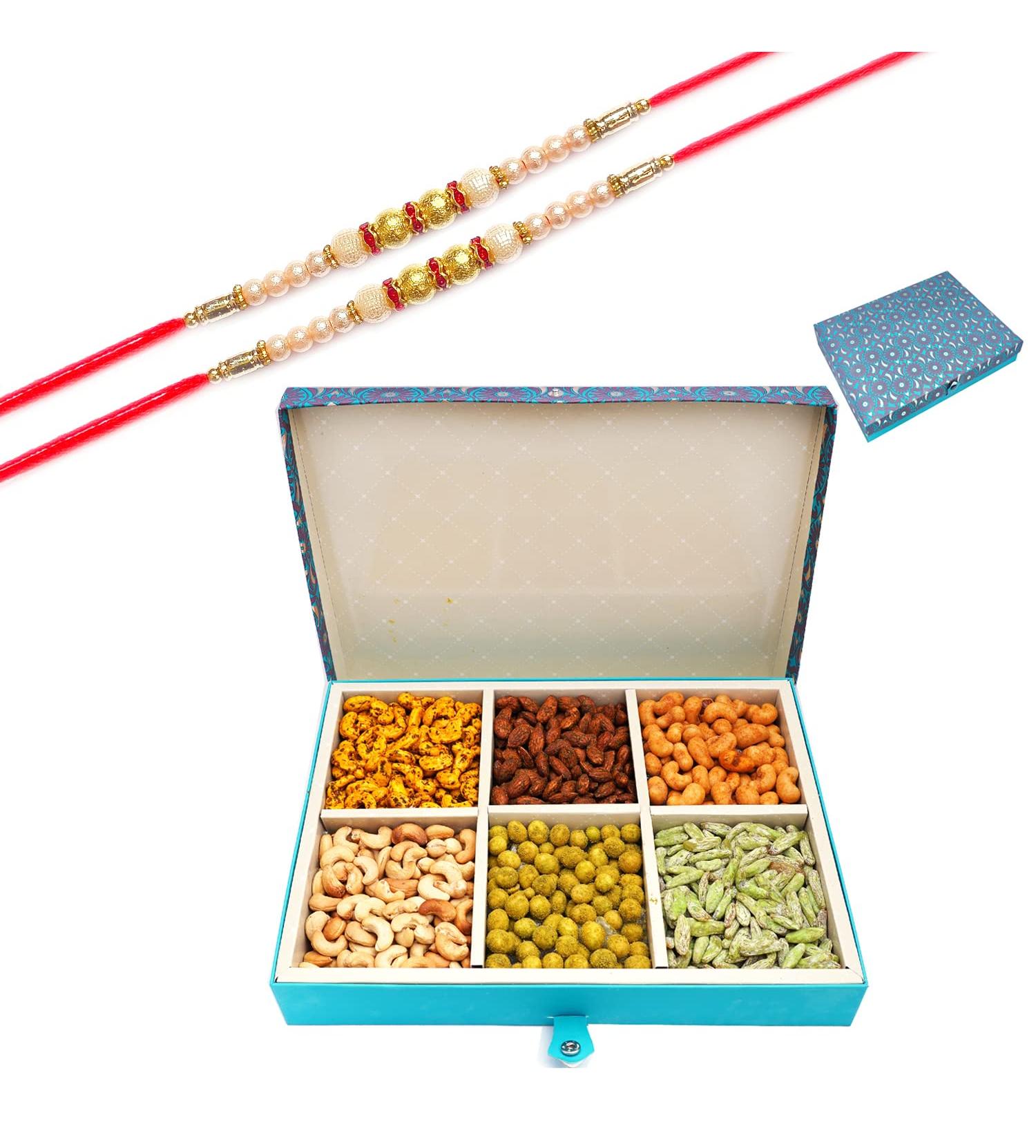 Ghasitaram Gifts Rakhi Gifts for Brothers Dryfruit - Blue 6 Part Flavoured Nuts Box 900 GMS with 2 Pearl Rakhis Flavoured Nuts Box 900 GMS with 2 Rakhis - Buy Online on GoSupps.com
