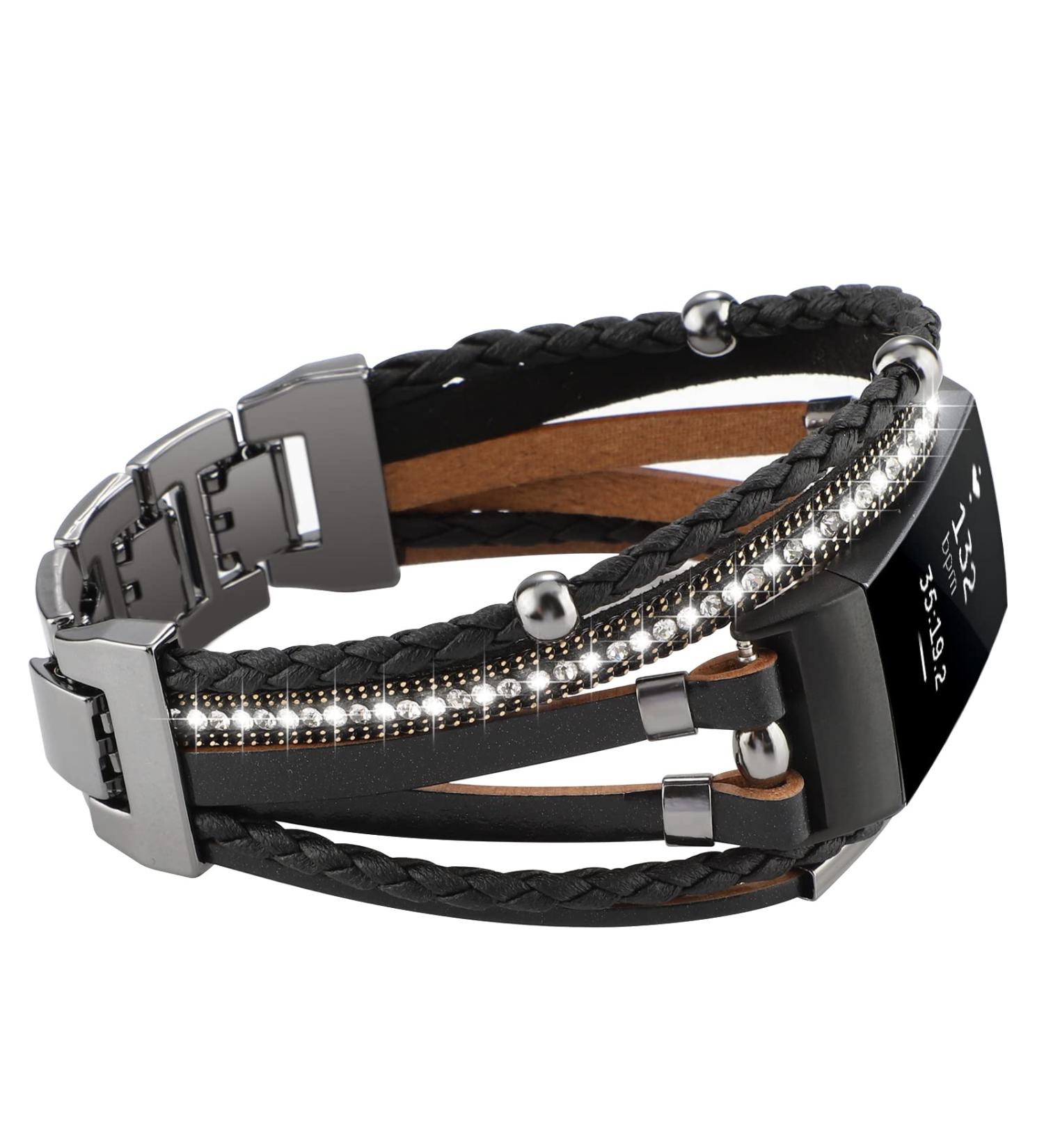 Posh Leather Band Compatible with Fitbit Charge 4/3 - Women's Boho Bracelet Wristband - Multilayer Wrap Strap Replacement - Black - Buy Online on GoSupps.com