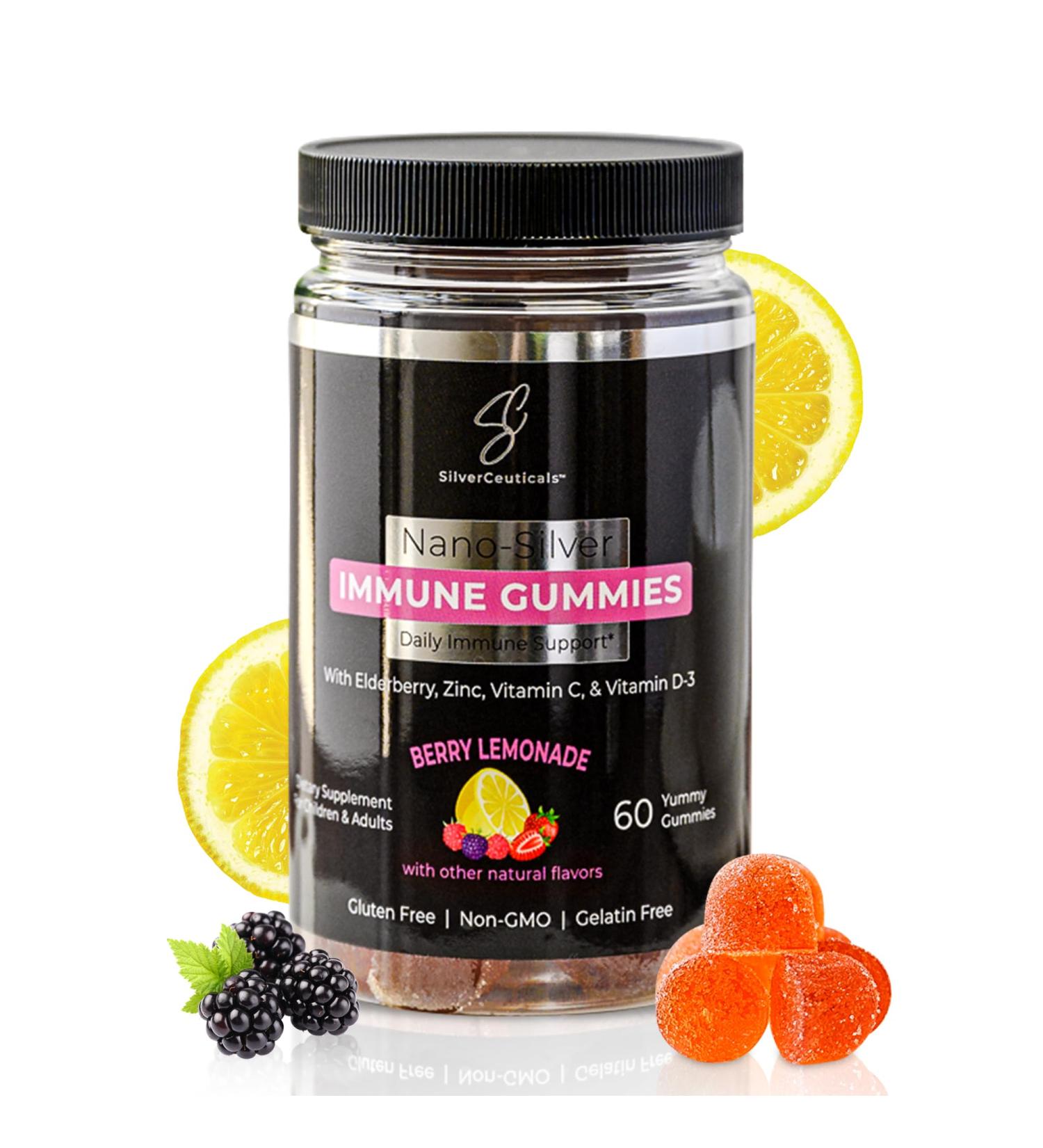 Immune Gummies - Sambucus Elderberry - Vitamin C & D - Zinc - Save Your Sick Days - Kids & Adults - Safe Ages 4 & Up - Nano Colloidal Silver - Gluten & Gelatin Free Non-GMO - Berry Lemonade - 60 Count - Buy Online on GoSupps.com