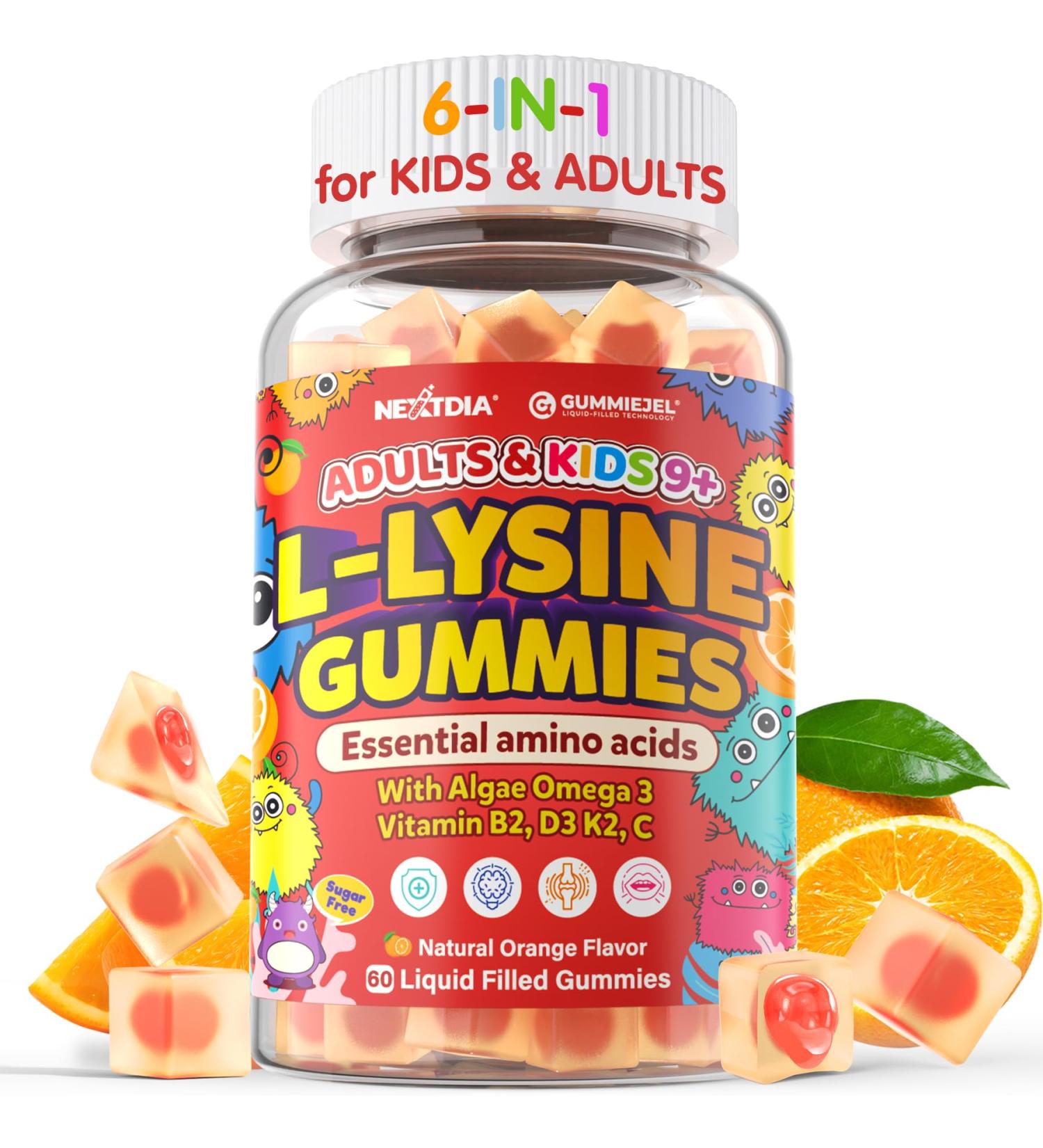 L-Lysine Gummies 500/1000mg with Algae Omega 3, Vitamin B2, D3, K2, C for Kids 9+, Teen & Adult, Lysine Supplement Support Immune, Lip & Oral, Collagen Production, Brain, Bone Health, Sugar Free 1Pack - Buy Online on GoSupps.com