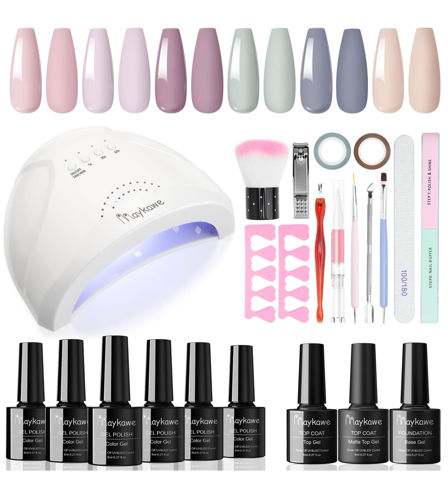 Maykawe Gel Nail Polish Set with 48W Nail Lamp - 6 Nude, Gray, Pink, Purple Colors - Base Top Coat, Manicure Tools - Shellac Nail Art Kit for Beginners - Home Salon Starter Kit - Buy Online on GoSupps.com