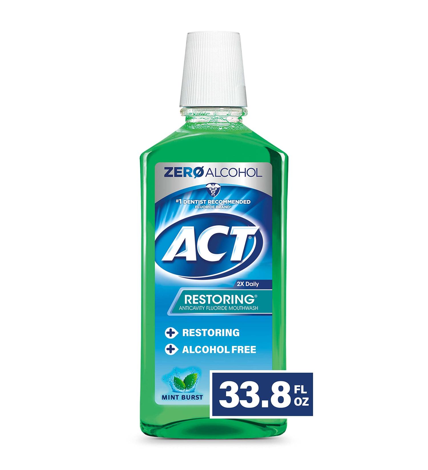 ACT Restoring Zero Alcohol Fluoride Mouthwash - 33.8 fl. oz - Strengthens Tooth Enamel - Mint Burst - Green - Pack of 1 - Buy Online on GoSupps.com