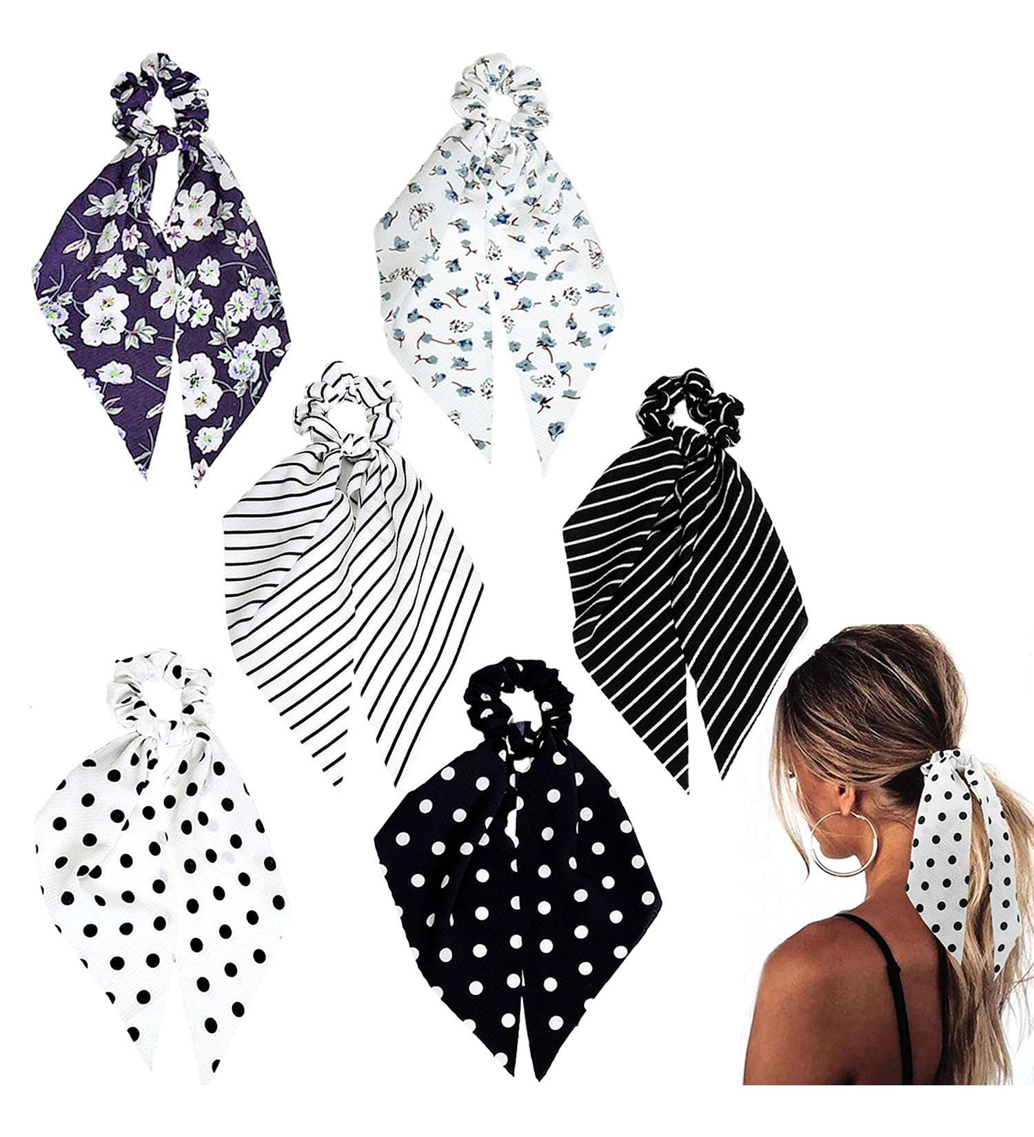 Funlovin Black White Scarf Scrunchie Hair Ribbon Ties Set - Elegant Ponytail Scrunchies with Tails for Women (6pcs) - Buy Online on GoSupps.com