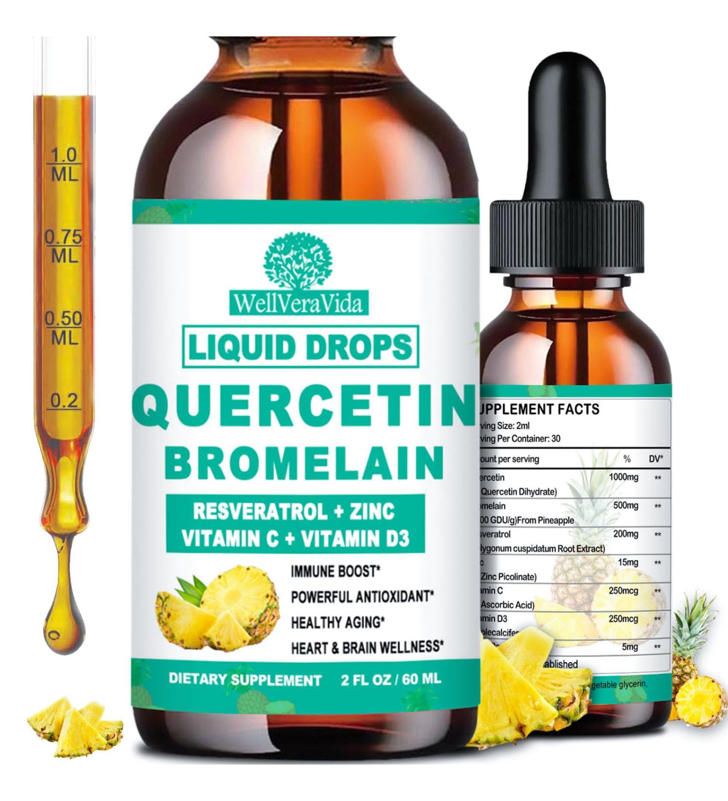 Quercetin with Bromelain Liquid Drops, 4X Stronger Than Capsules & Pills, 7-in-1 Organic Zinc Quercetin 1000mg with Bromelain 500mg Vitamin C D3 Immune Support for Respiratory Health & Antioxidant Pineapple 2 Fl/Oz (Pack of  - Buy Online on GoSupps.com