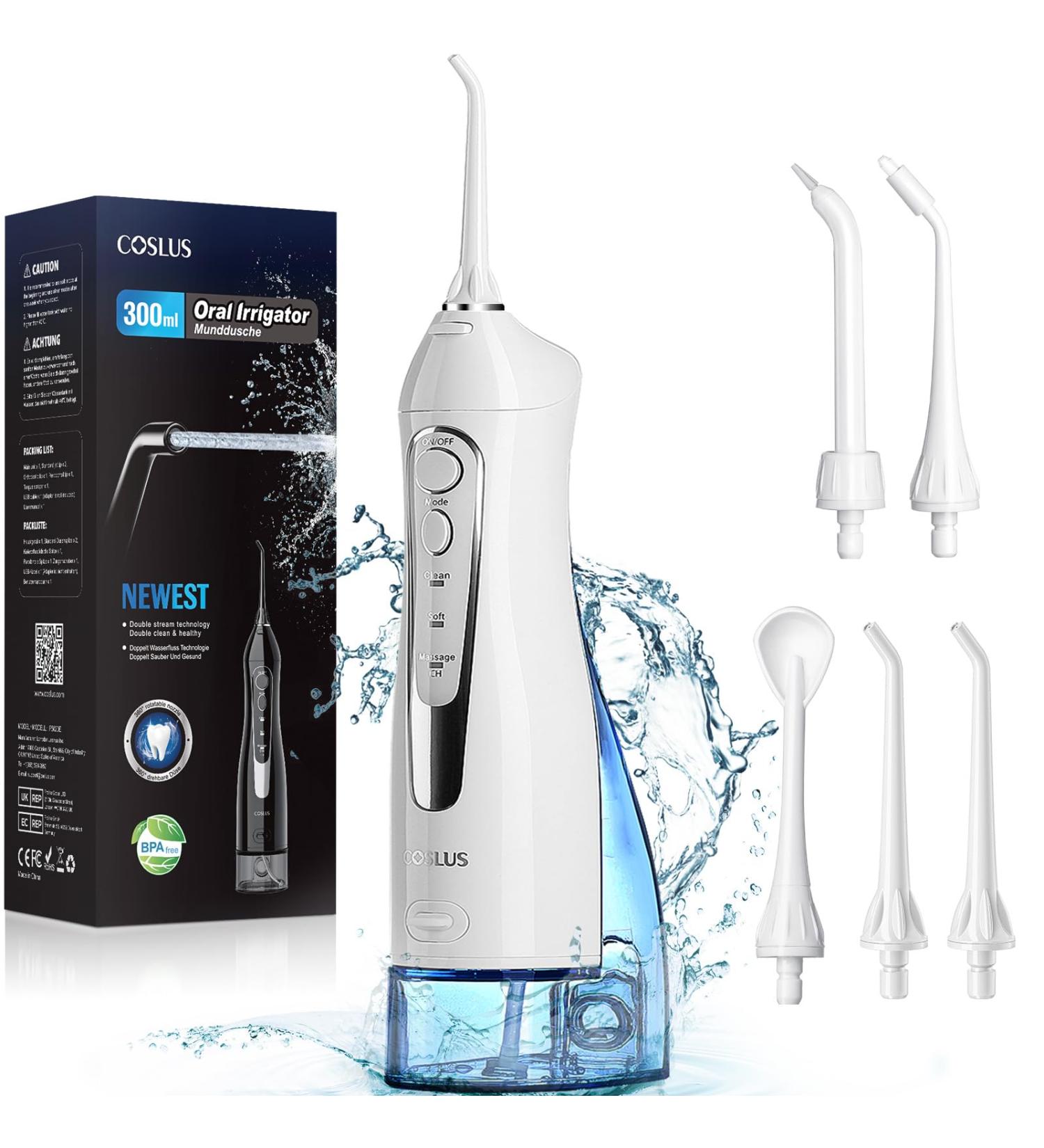 COSLUS Water Dental Flosser Teeth Pick - Portable Cordless Oral Irrigator | Rechargeable Travel Irrigation Cleaner - 300ML, IPX7 Waterproof, Anti-White | Teeth Cleaning Flossing Machine - Buy Online on GoSupps.com