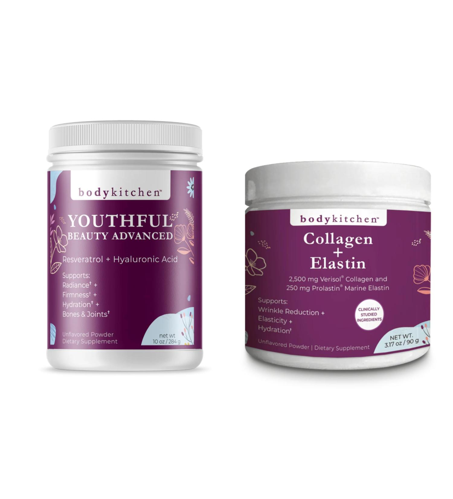 Body Kitchen Youthful Beauty & Collagen + Elastin Bundle Advanced Anti-Aging Support for Skin Hydration Elasticity & Firmness Promotes Healthy Hair Skin & Nails Unflavored Collagen Powders