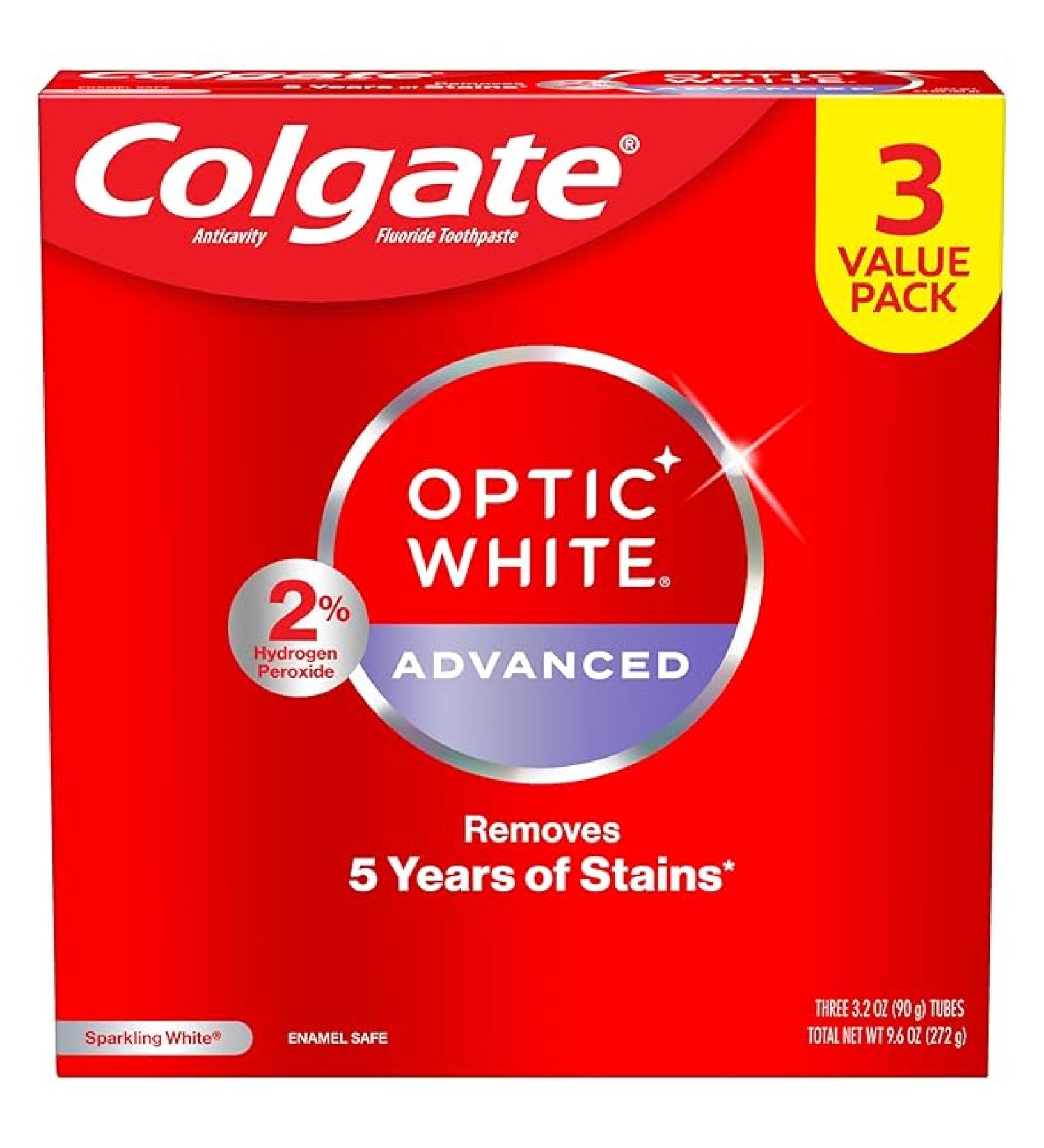Colgate Optic White Advanced Teeth Whitening Toothpaste with 2% Hydrogen Peroxide - 3.2oz (Pack of 3) | Sparkling White Formula with Fluoride - Buy Online on GoSupps.com